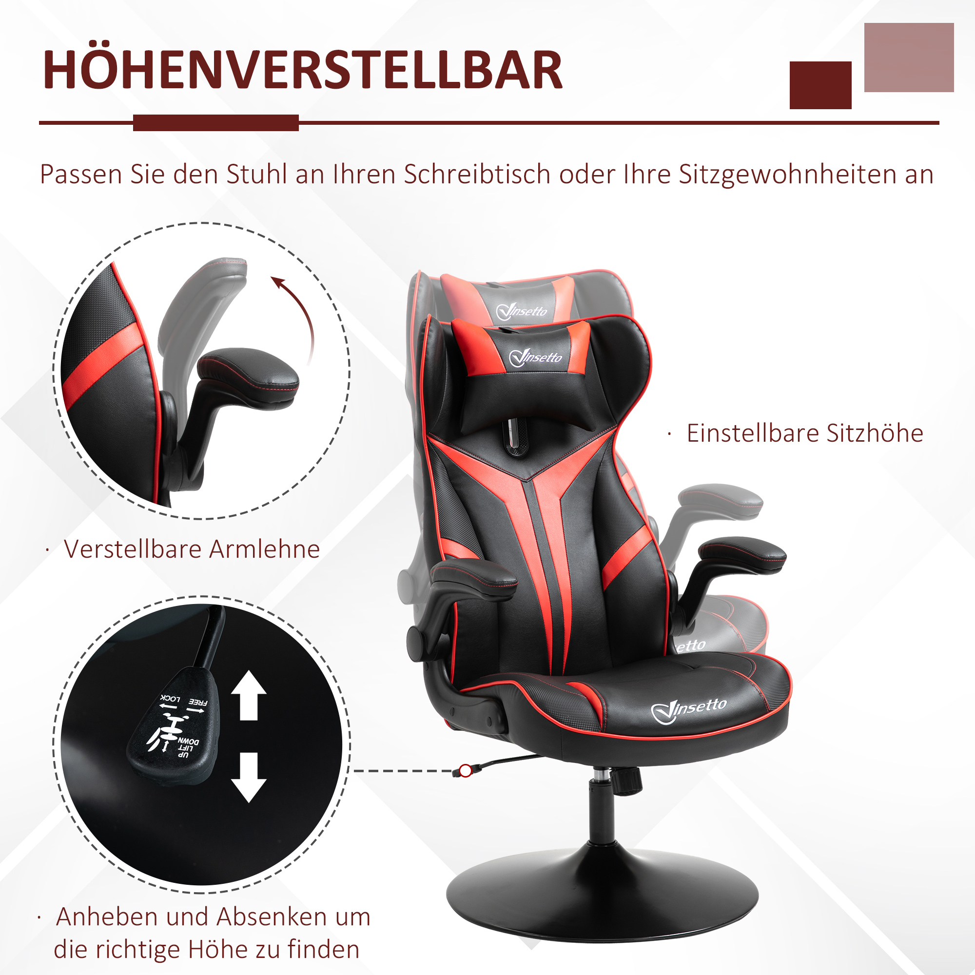 Gaming Stuhl ergonomischer Computerstuhl mit Wippfunktion Drehstuhl höhenverstellbar Stahl Schwarz+Rot 67 x 70 x 106-112 cm