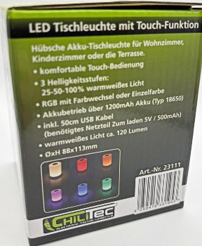 LED Akku-Tischleuchte mit Touch-Funktion, Höhe 113mm, Warmweiß + RGB