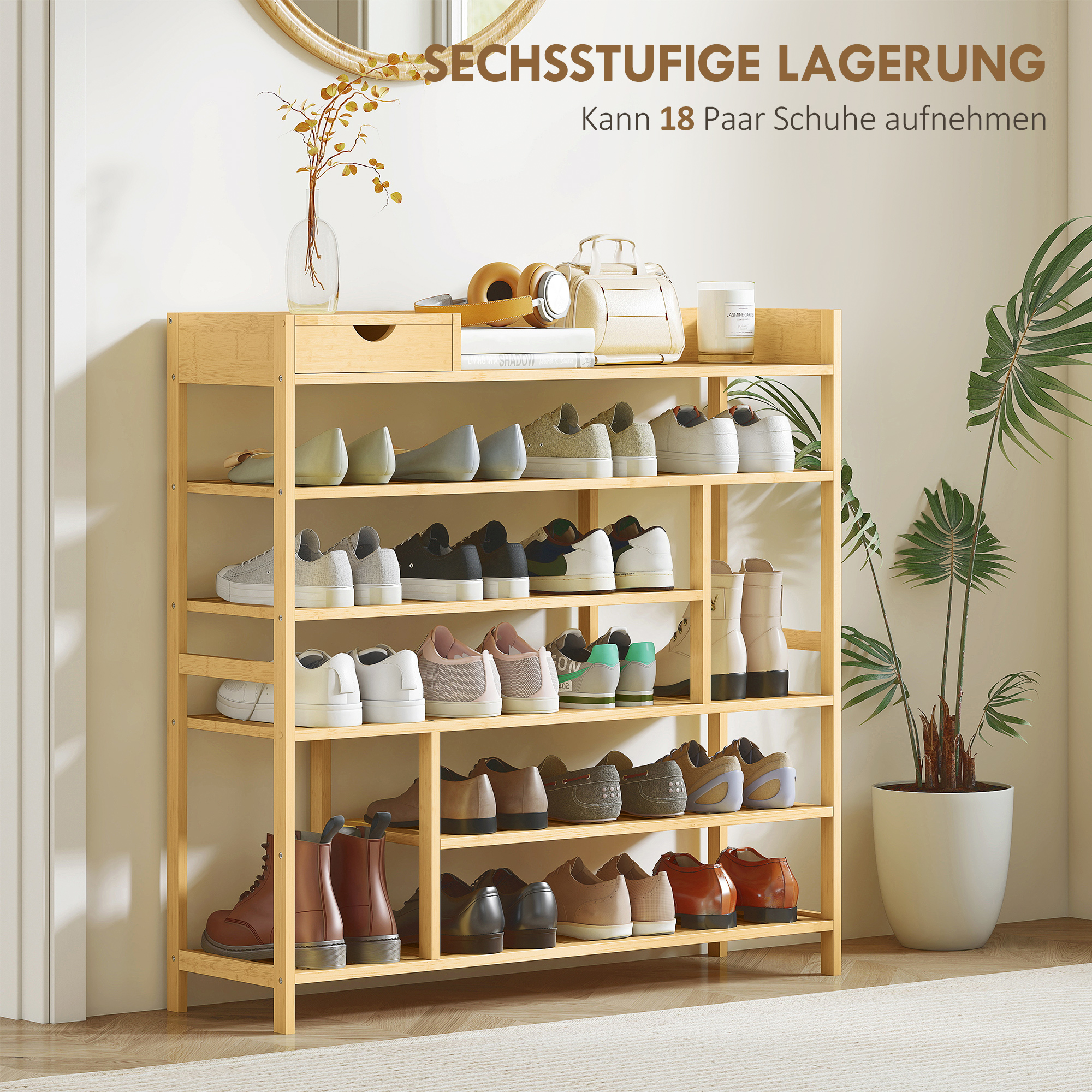 Schuhregal, Schuhständer mit 6 Ebenen, Schublade aus Bambus, für max, 18 Paar Schuhe, Schuhablage für Eingang, Schlafzimmer, 101 x 30 x 100 cm, Natur