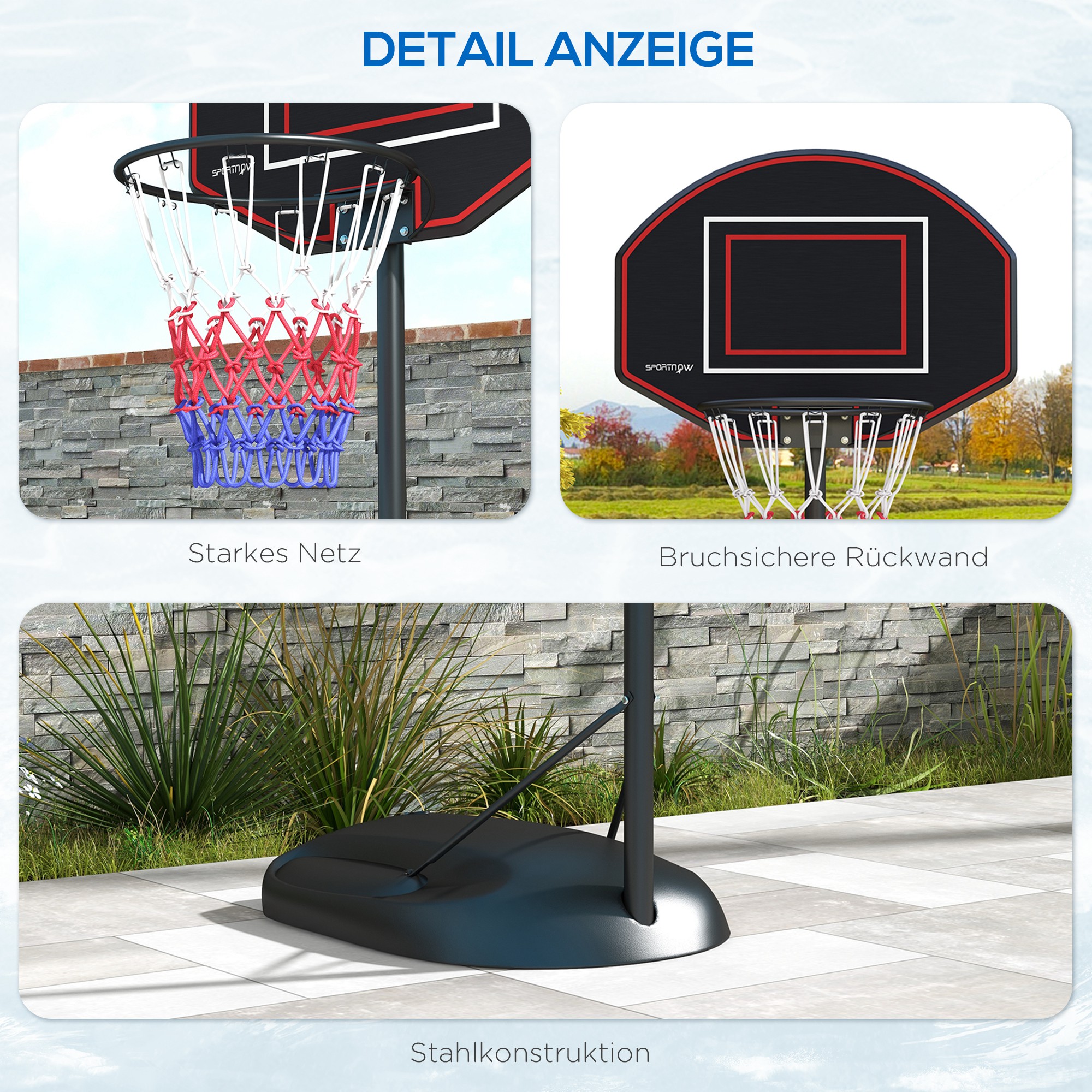 Basketballständer, höhenverstellbar, robust, 1,7-2,3 m Korbhöhe, Stahlrahmen, Schwarz