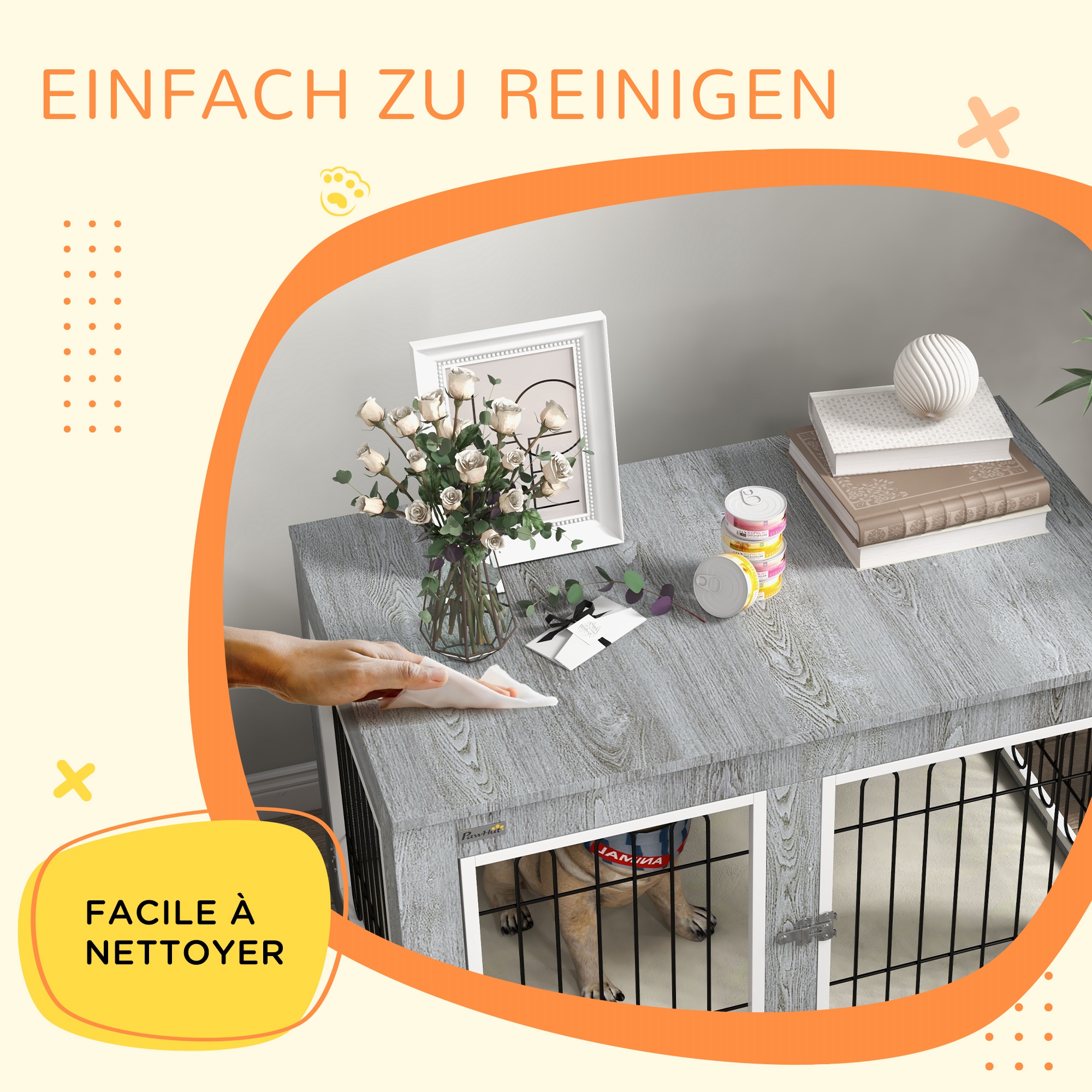 Hundekäfig Hundebox waschbares Polster, 2 Verriegelungen, 90 cm x 58 cm x 65 cm, Grau