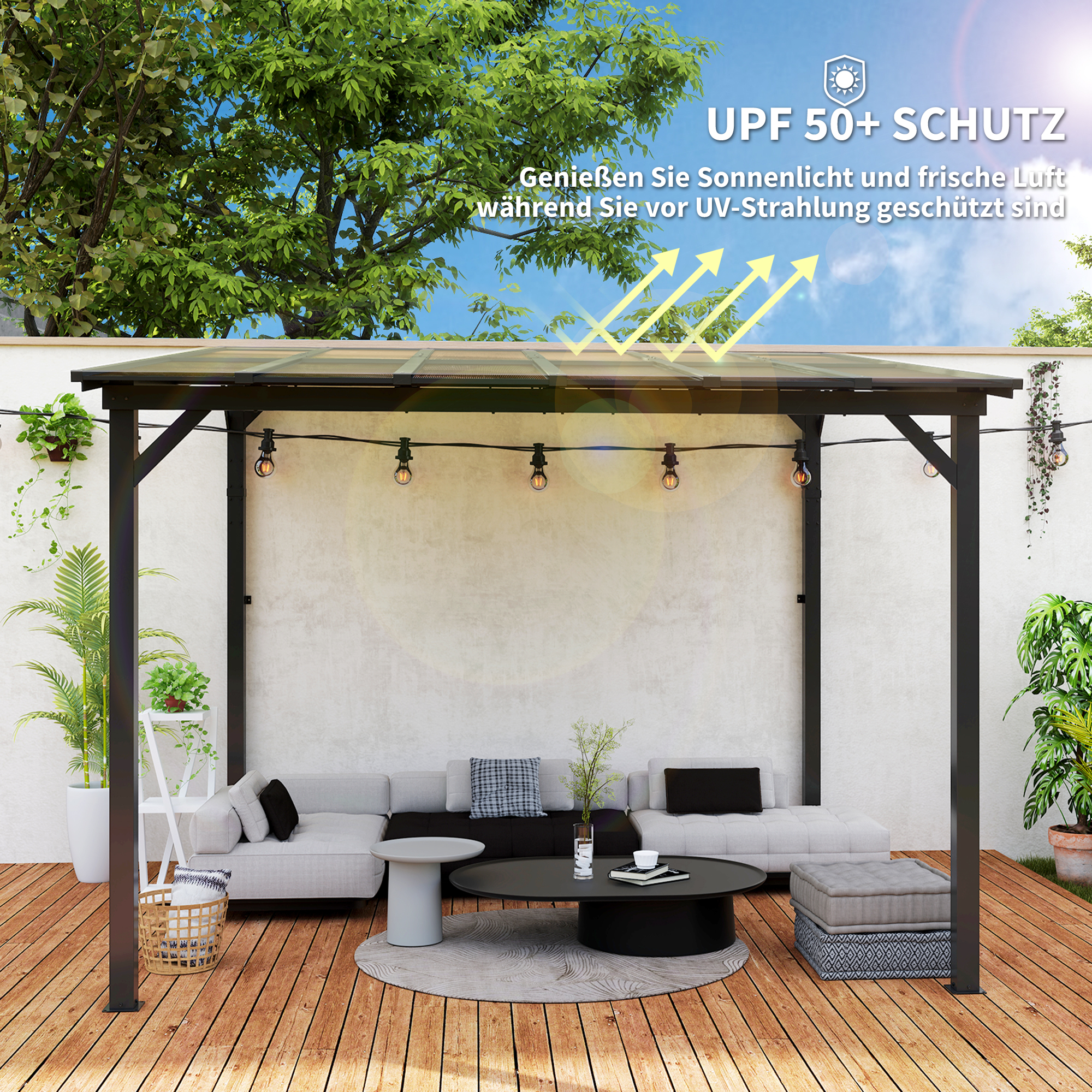 3 x 3 m Metallpergola, Gartenpergola mit wasserfestem Dach, freistehend, windfest, UV-beständig, Dunkelgrau