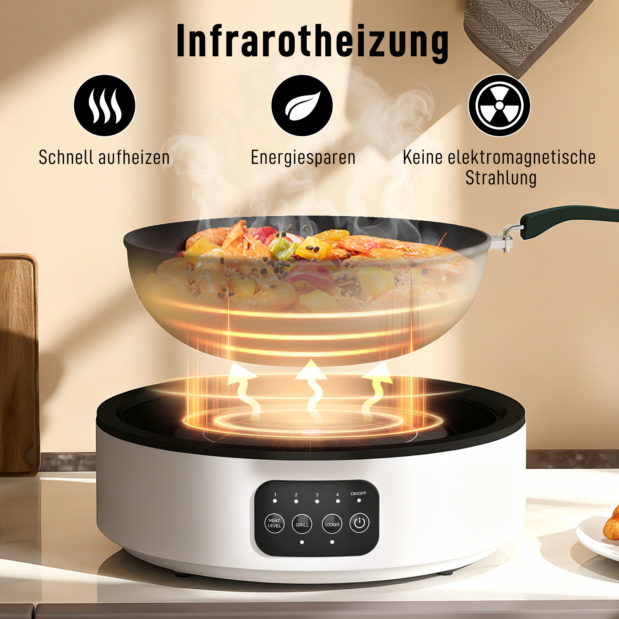 Dual-Keramikkochfeld, 2-in-1 Design, zum Kochen und Grillen, 2000W, 4 Hitzestufen, LED-Display, Fettfangschale, Weiß