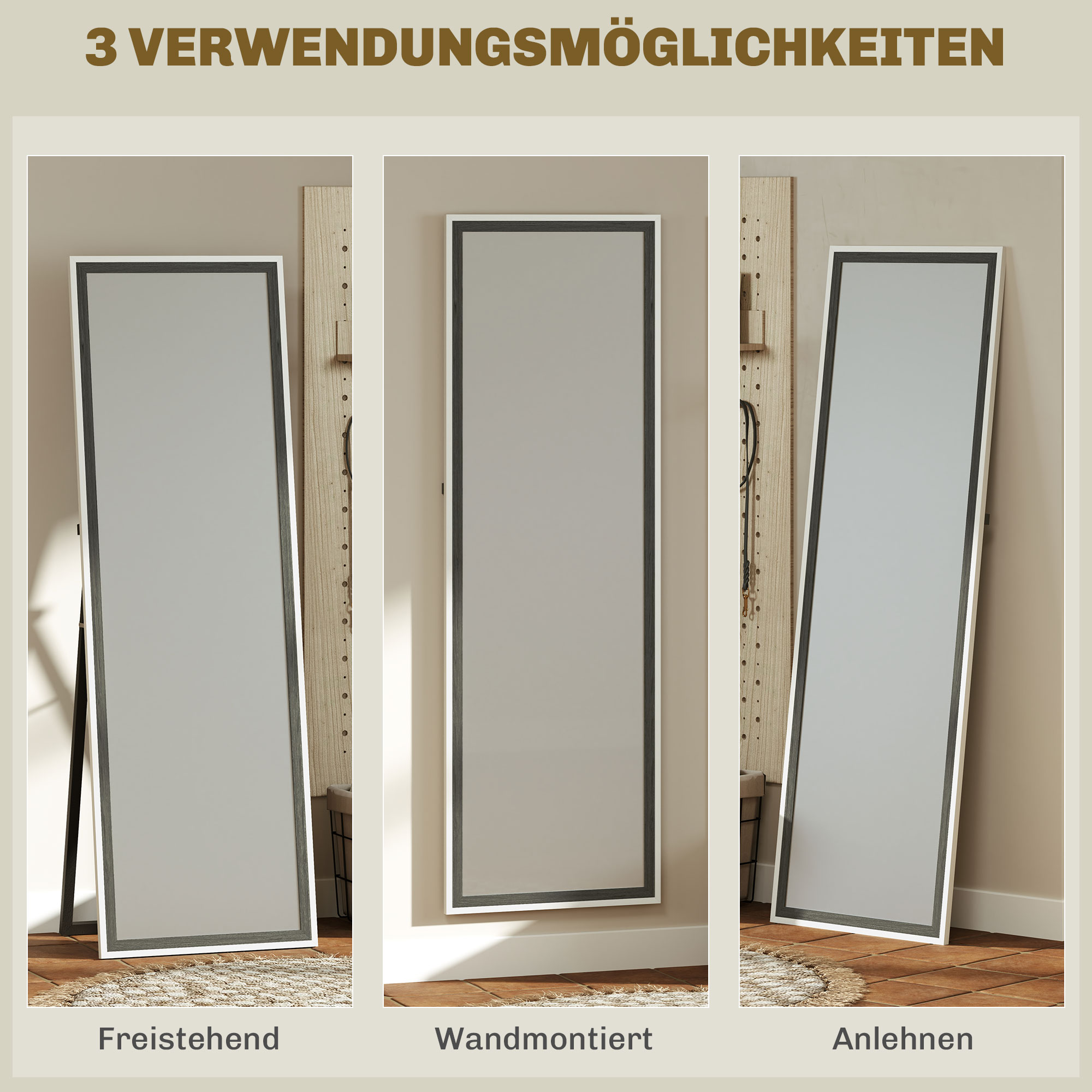 Ganzkörperspiegel, MDF-Rahmen, splitterfreie Folie, 162,6 x 53,3 cm, Grau