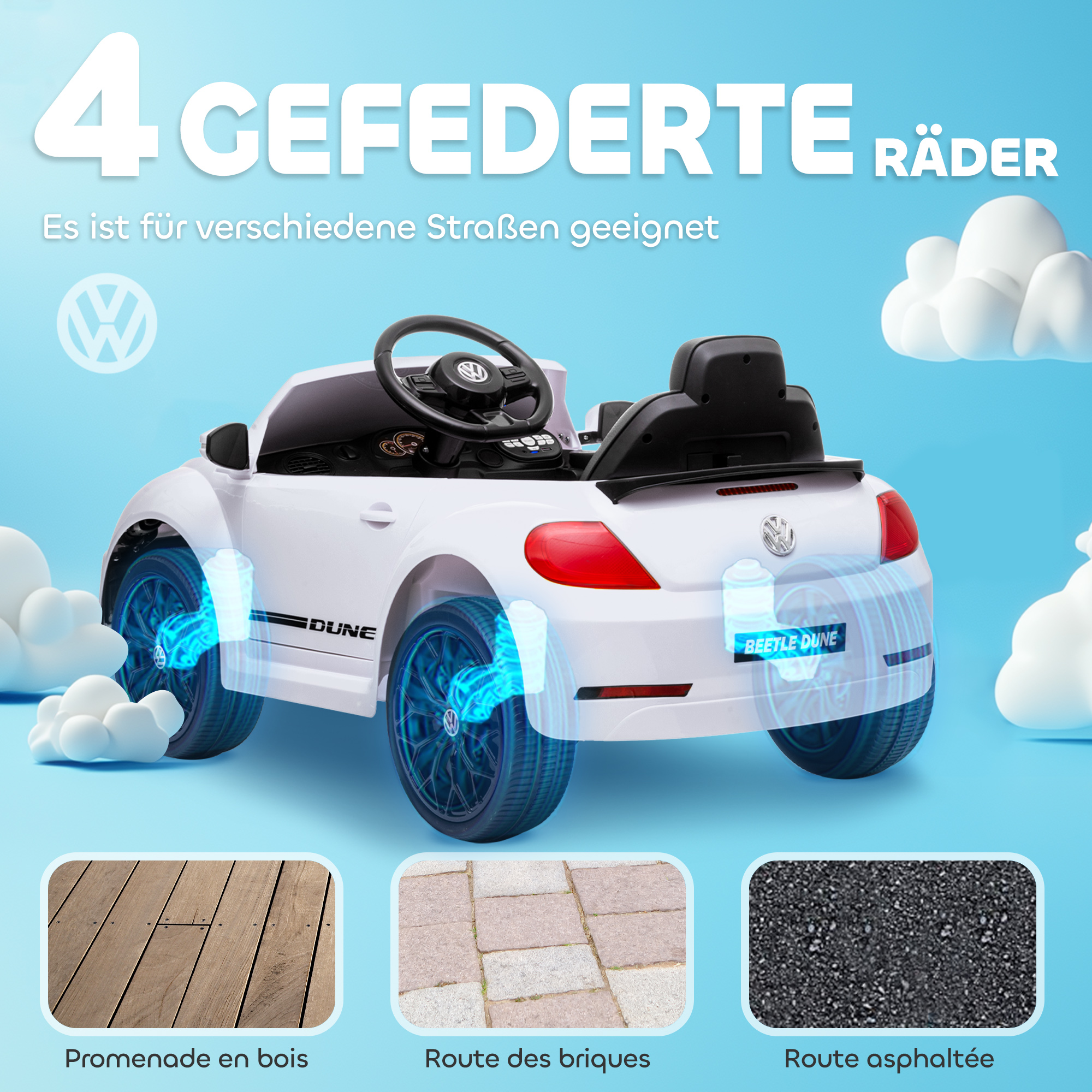 Kinderfahrzeug, VW Käfer, 3-5 km/h, mit Fernbedienung & Musik, Weiß