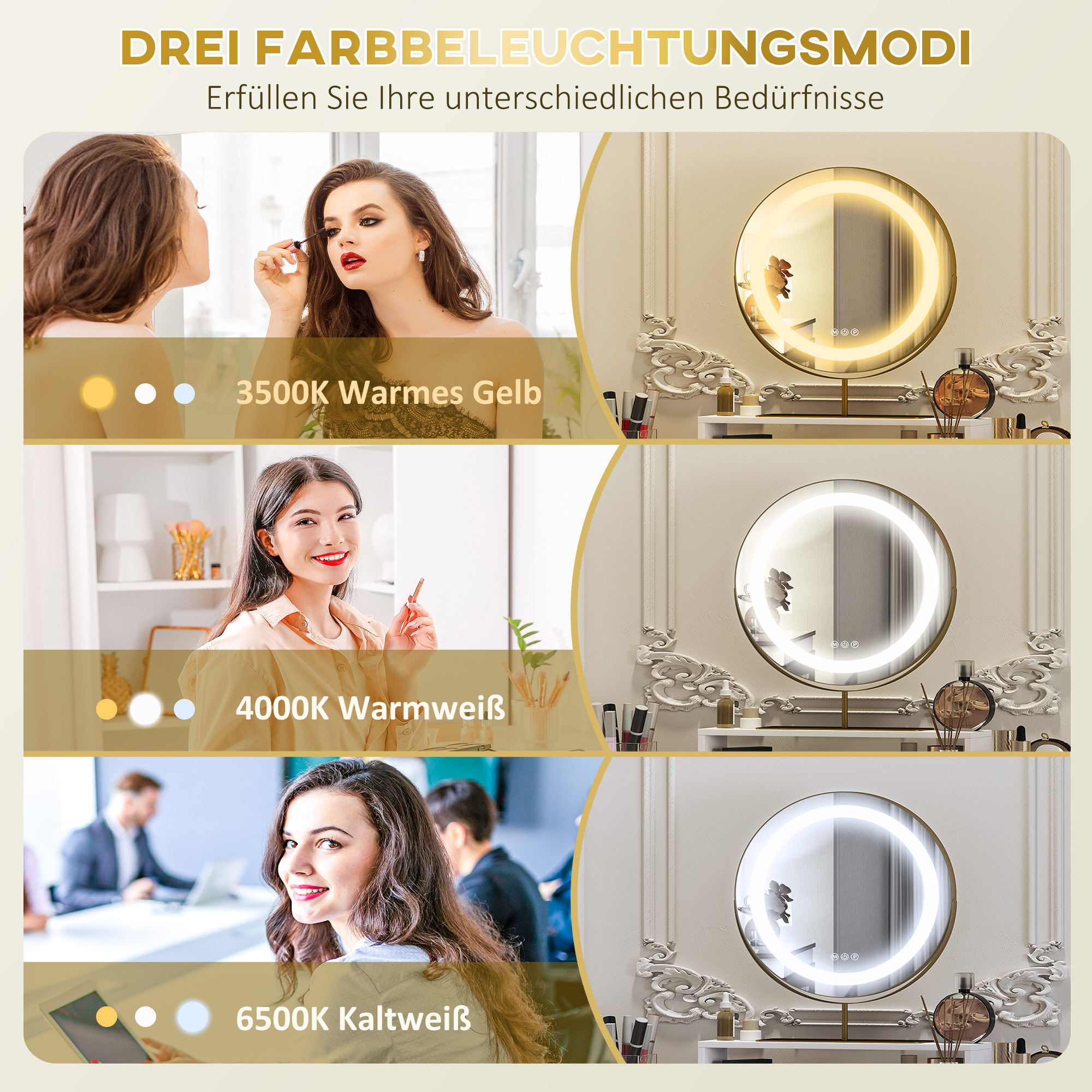 Kosmetiktisch mit 360° Spiegel, LED-Beleuchtung, 2 Schubladen, Weiß/Gold