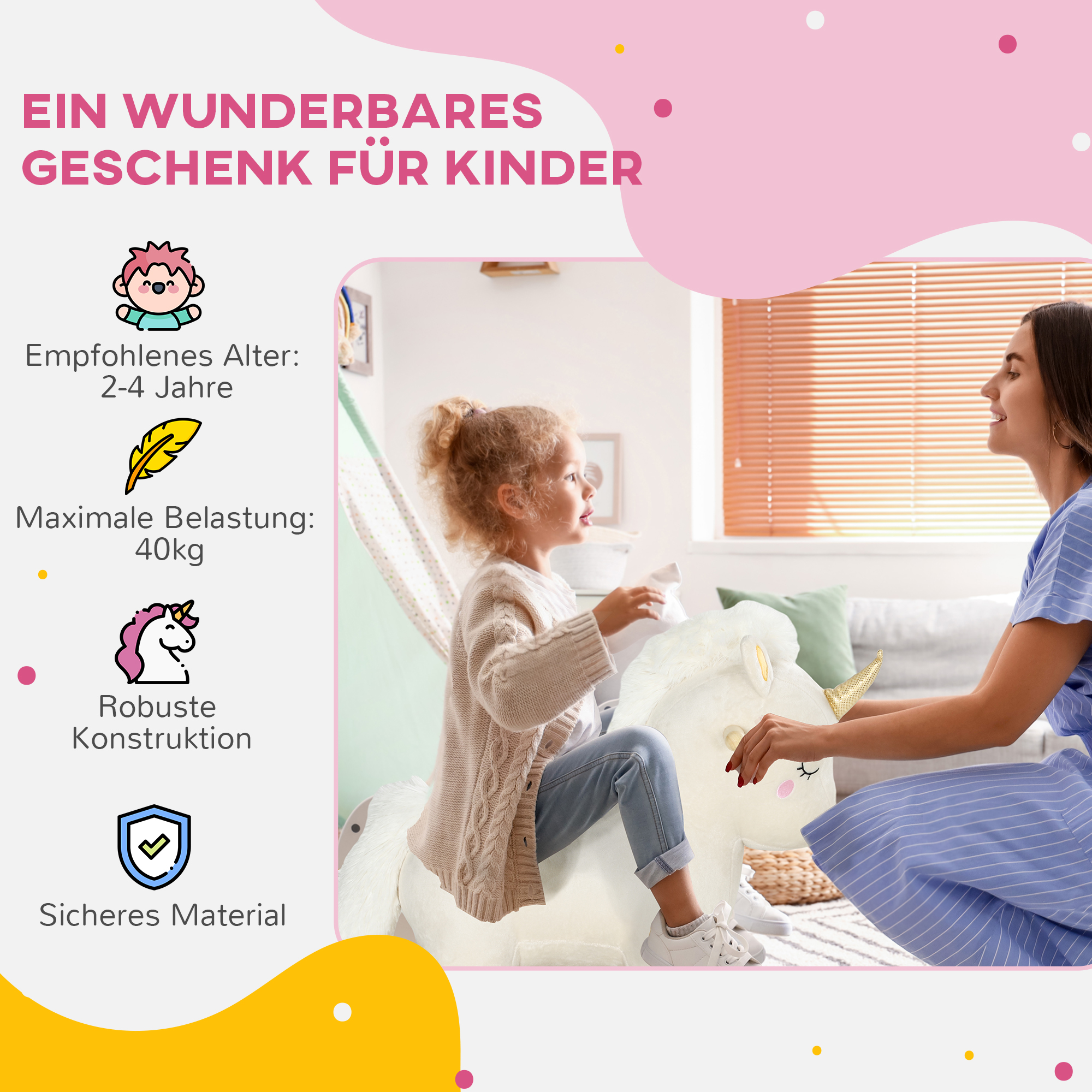 Schaukelpferd im Einhorn-Design, mit Soundeffekten, weicher Sitz, für Kinder im Alter von 2-4 Jahren, Weiß