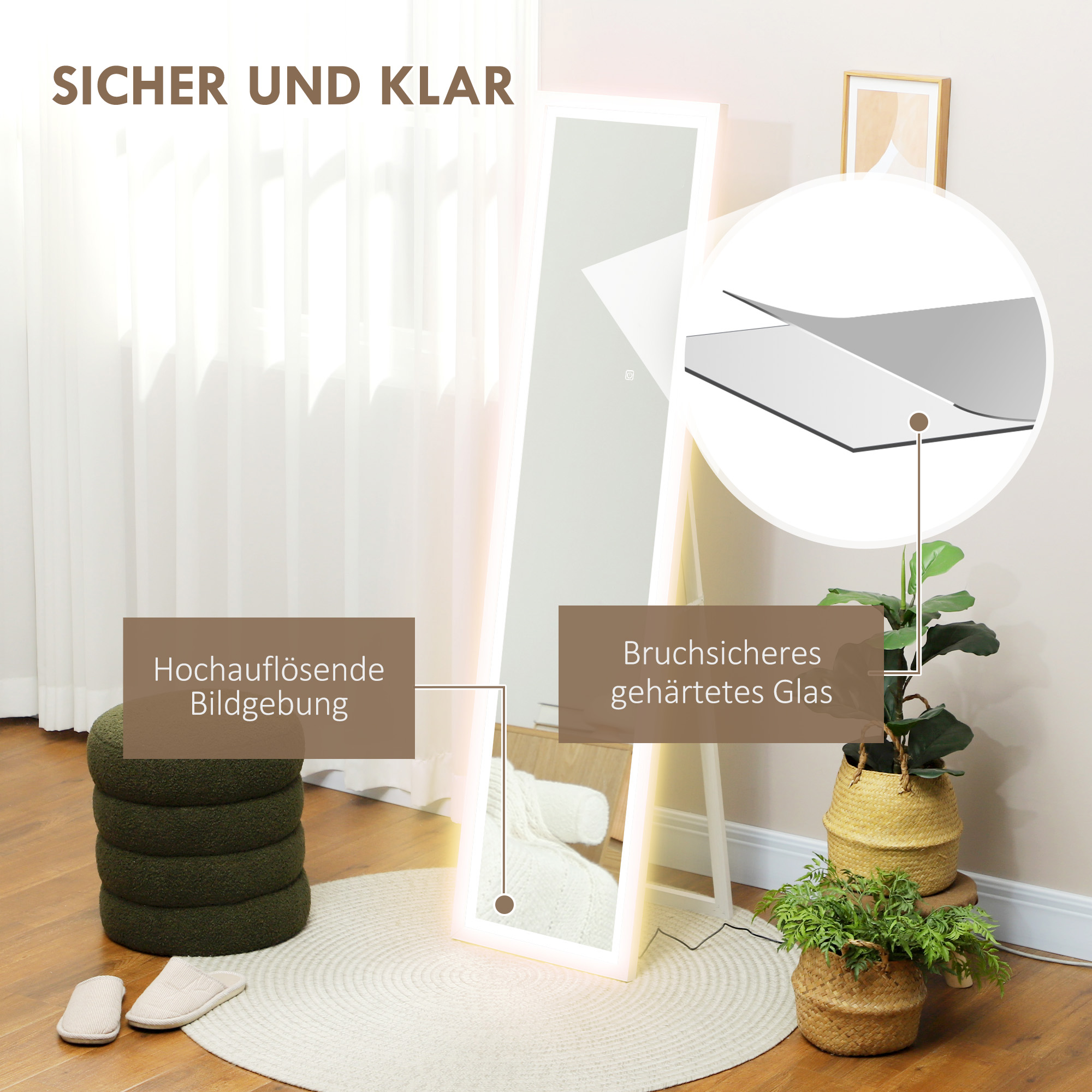 Ganzkörperspiegel, 40x160 cm, LED-Beleuchtung, Touch-Steuerung, dimmbar, 3 Farben, Weiß
