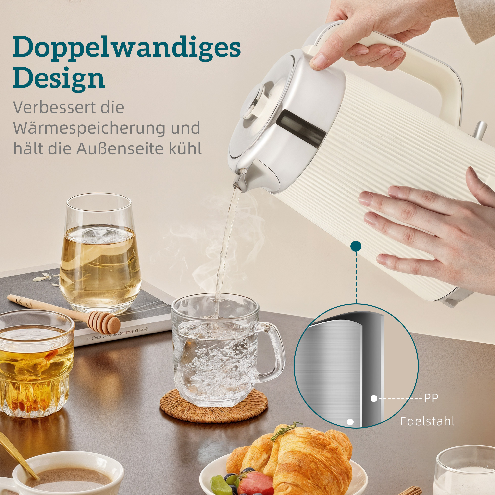 2200W, 1,7L Wasserkocher mit Schnellkochfunktion, Kalkfilter und 4-Scheiben-Toaster mit 7 Bräunungsstufen, Cremeweiß