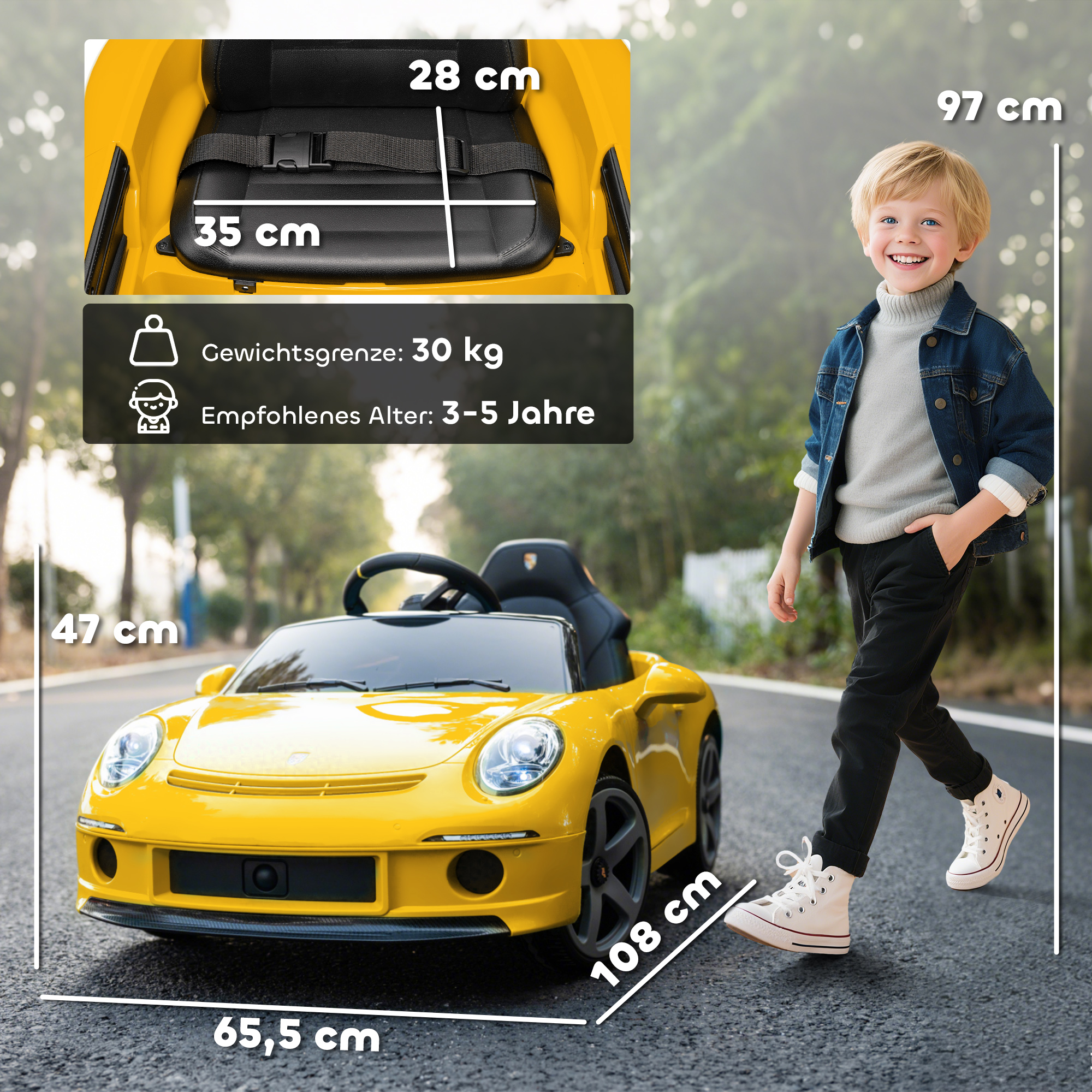 Elektrisches Aufsitzauto für Kinder, fernsteuerbar, Musik, Hupe, USB, Sicherheitsgurt, für 3-5 Jahre, Gelb