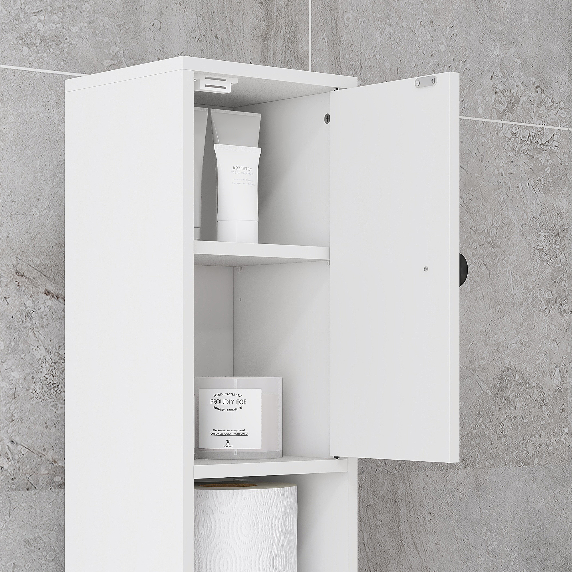 Badezimmerschrank, 4 Regale, Schublade, Spanplatte, schlankes Design, Weiß