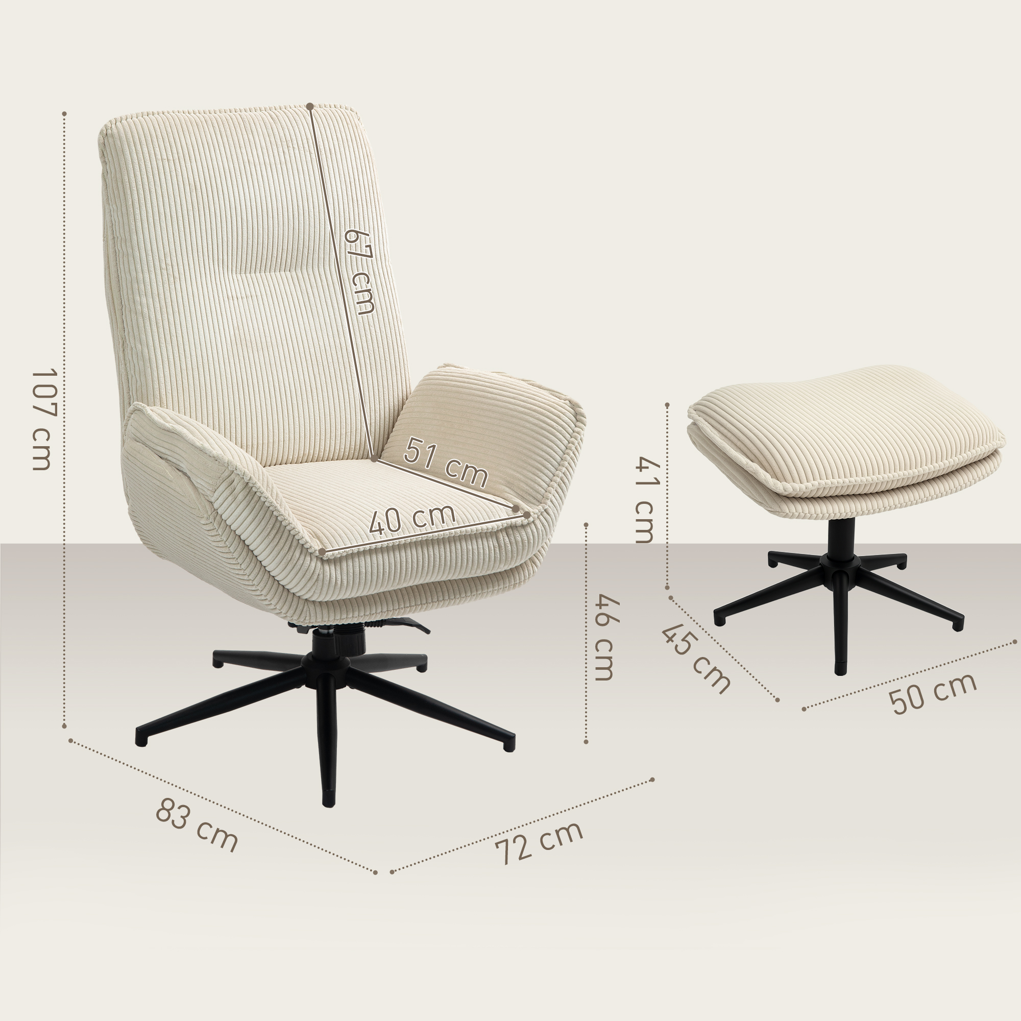 Drehbarer Polstersessel mit Fußhocker, Moderner Recliner-Sessel für Wohnzimmer, Schlafzimmer, Homeoffice, Beige