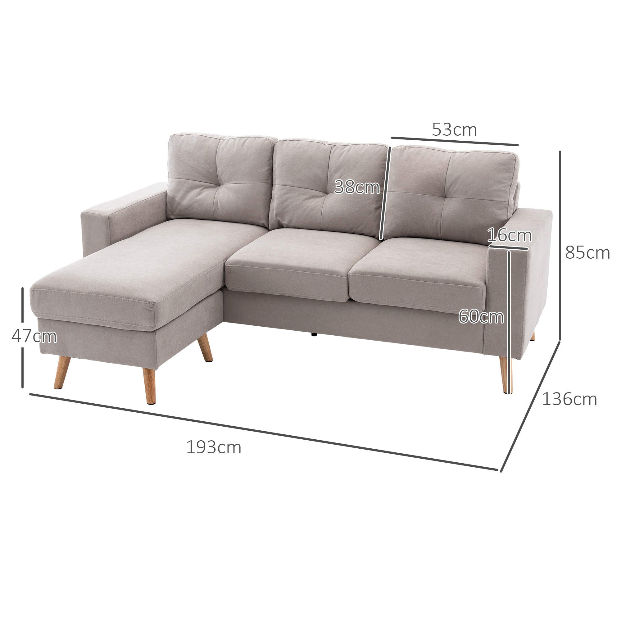 3-Sitzer-Ecksofa, Leinenoptik, Wendbare Chaiselongue, 193x136x85 cm, Hellgrau