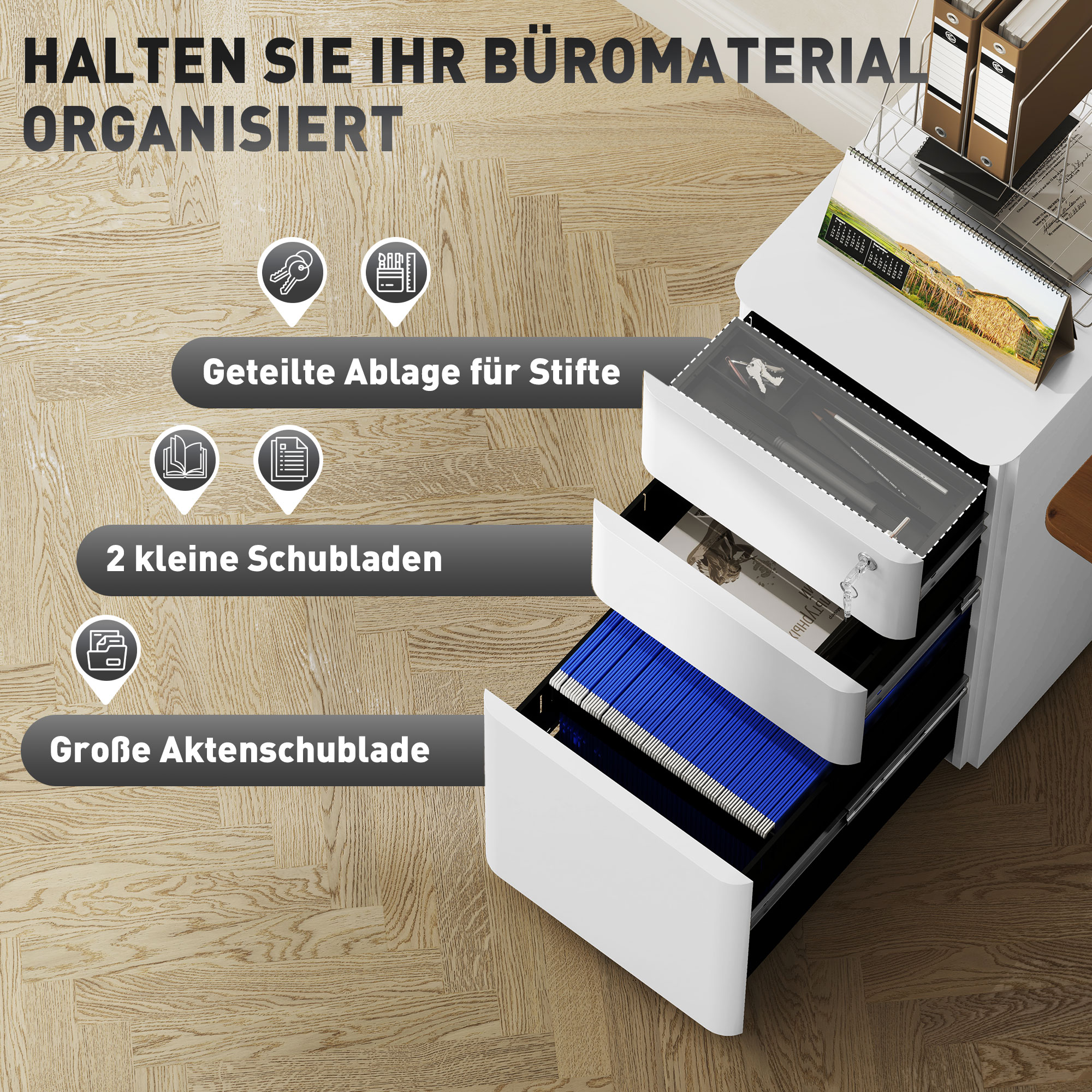 Aktenschrank aus Metall, Büroschrank, 3 Schubladen, rollbar, Weiß