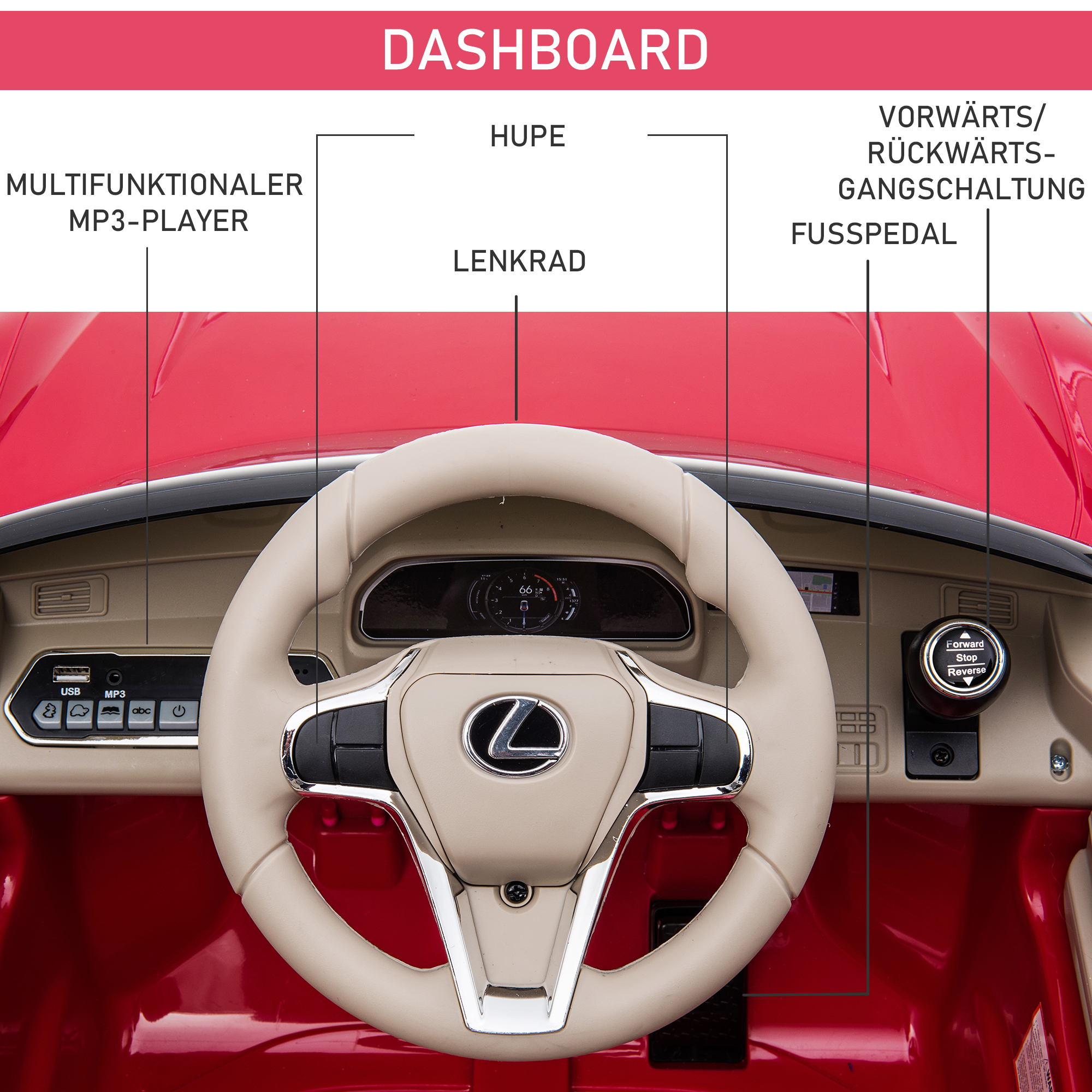 Kinderauto von Lexus Kinderfahrzeug für 3-6 Jahre Elektroauto mit MP3 Musik Rot 106 x 43 x 44 cm