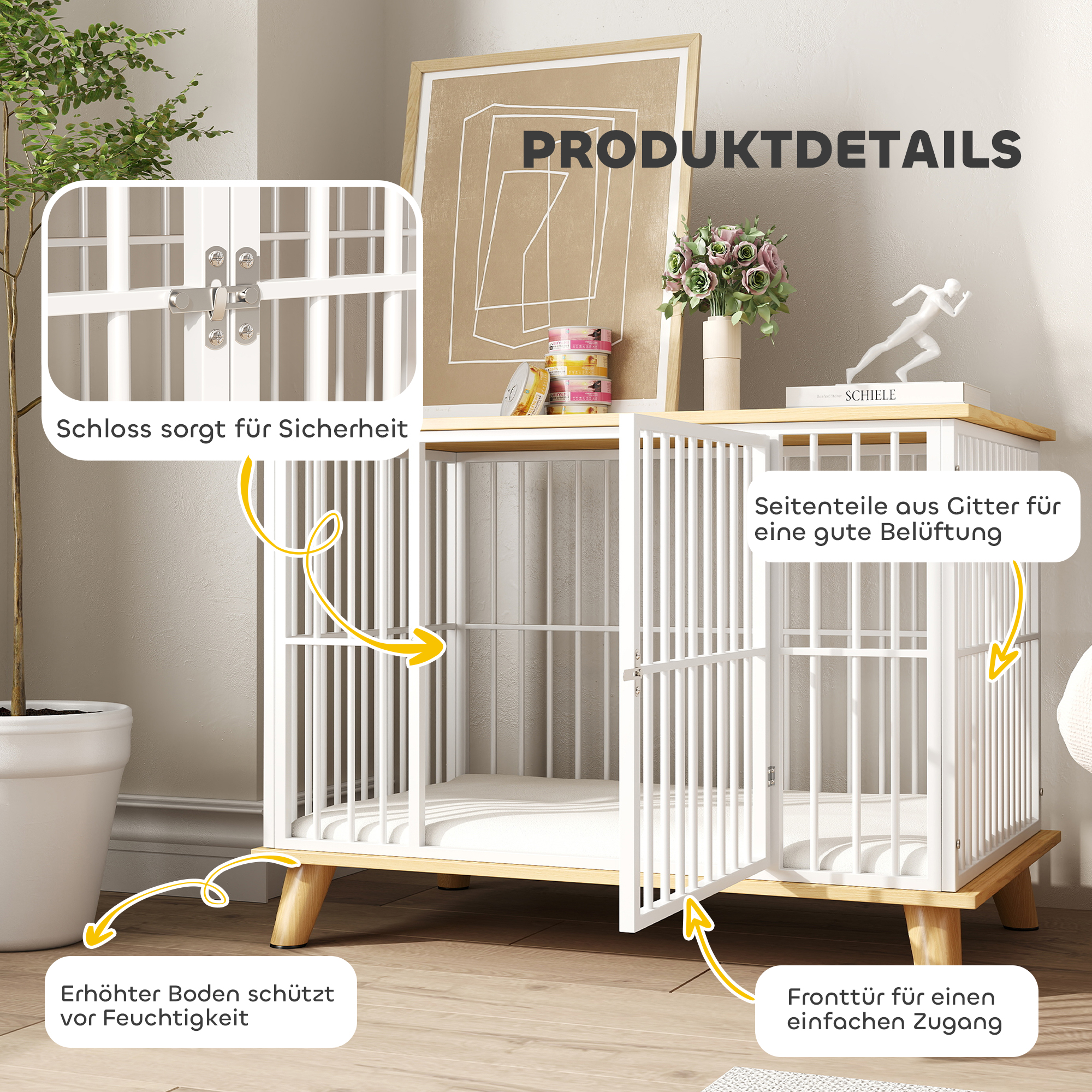 Hundebox mit Verriegelungstür, abnehmbares Kissen, gute Belüftung, Stahl, 86x60x70 cm, Weiß+Grau