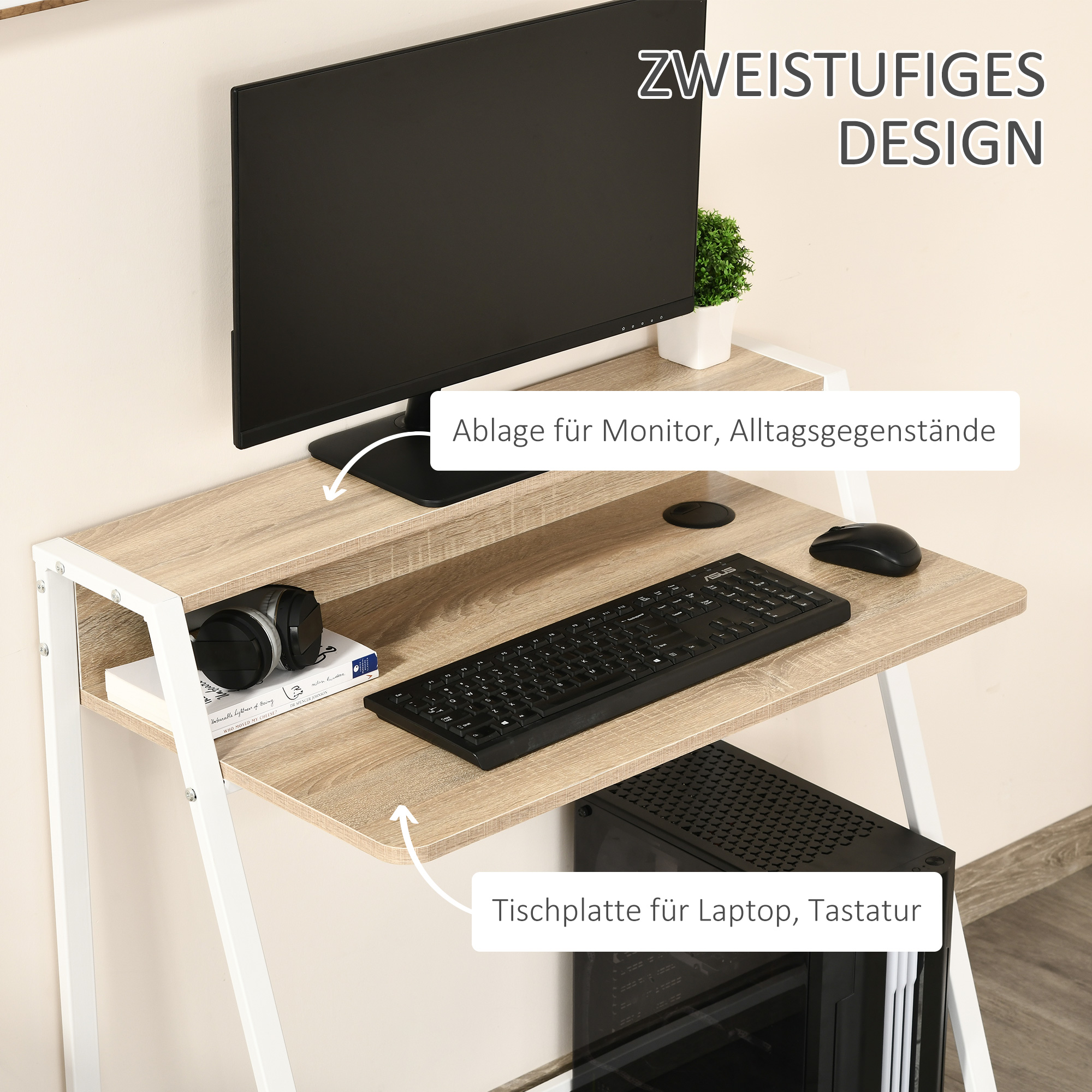 Schreibtisch, Computertisch mit Ablage und Kabel Management, moderner Schreibtisch mit Metallgestell für Arbeitszimmer, Schlafzimmer, Home Office, 84 x 45 x 85 cm, Weiß+Eiche