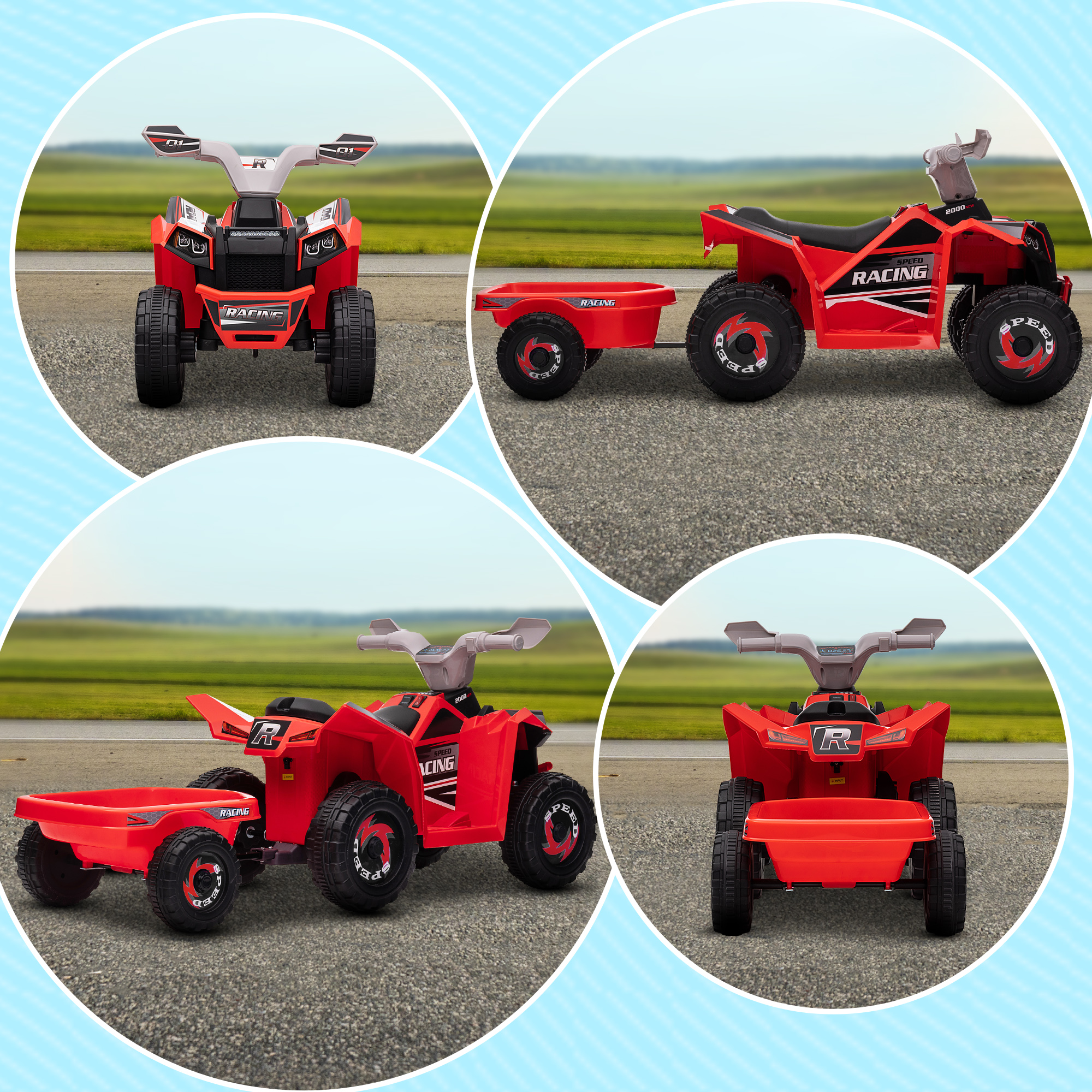 Kinderquad mit Anhänger, 2,5 km/h, 50 Minuten Fahrtzeit, für 1,5 bis 3 Jahre, bis 25 kg, Rot
