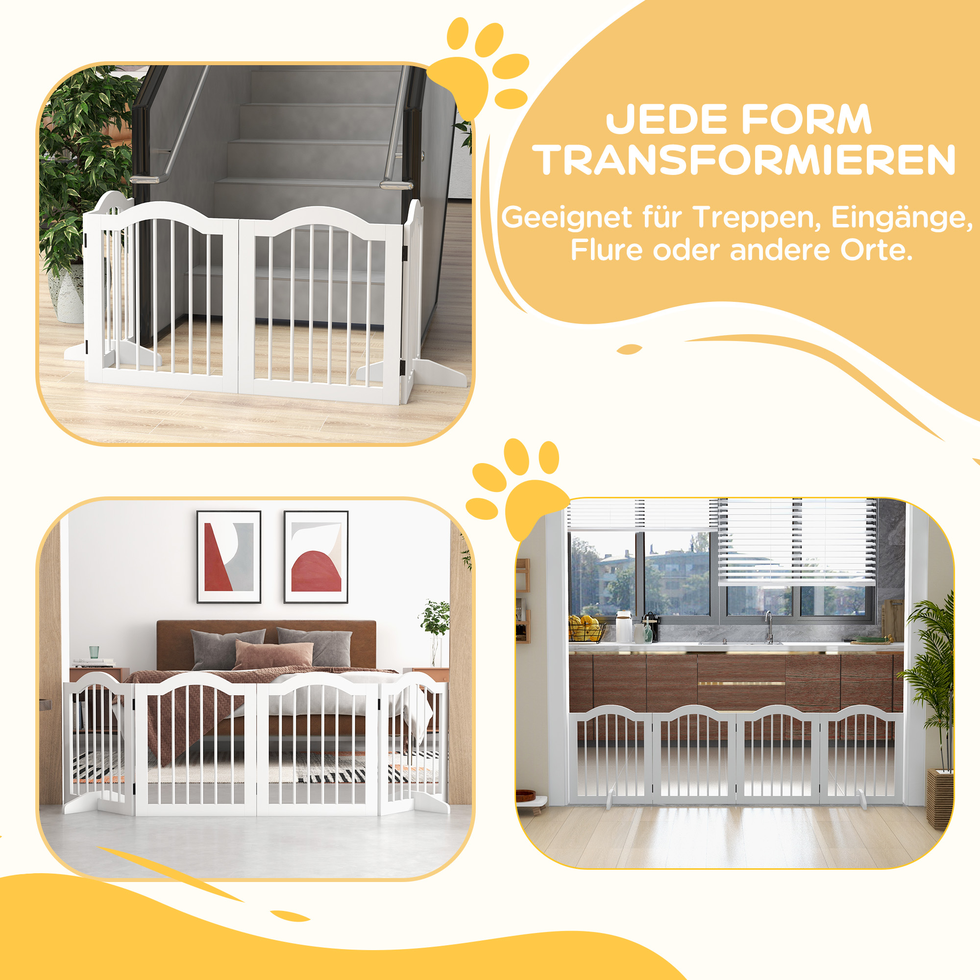 Faltbares Hunde-Absperrgitter, 4 Paneele, für Treppen, Flure, Türen, MDF/Massivholz, Weiß