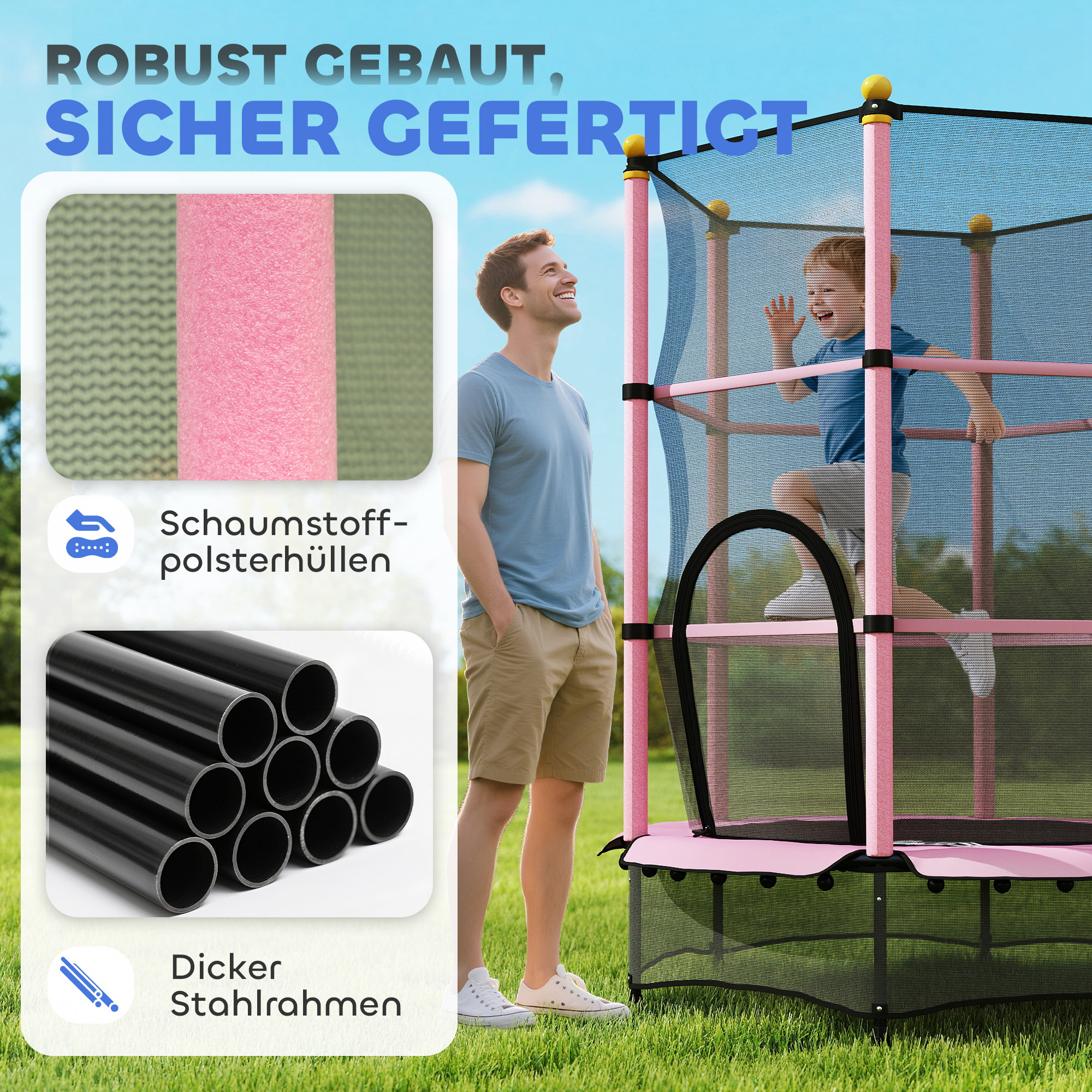 Trampolin für Kinder, Ø140 cm, mit Sicherheitsnetz, für innen und außen, Stahl, Kunststoff, belastbar bis 50 kg, Rosa