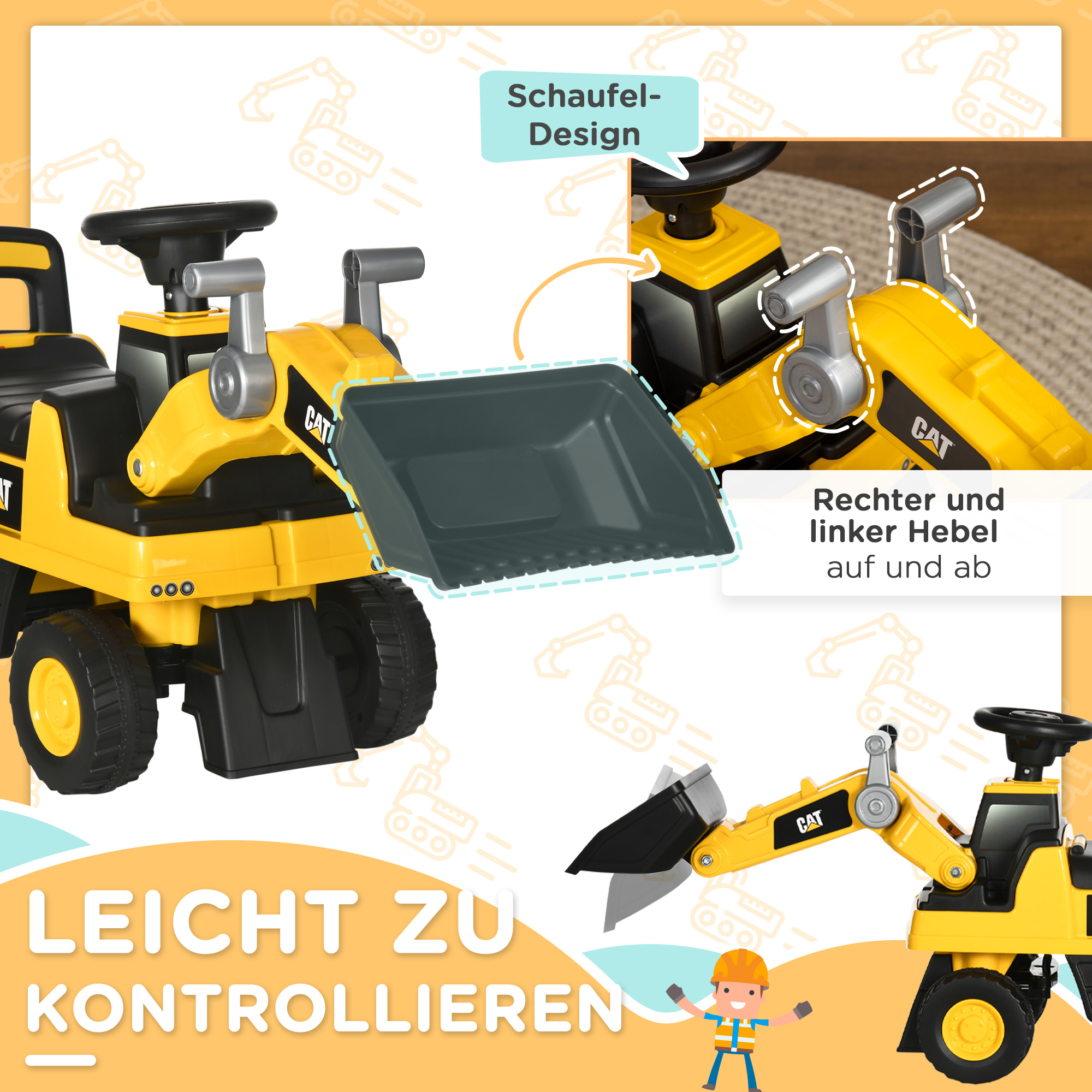 Kinderbagger, Rutscher, bedienbare Baggerschaufel, Kippschutz, rutschfeste Räder, gelb+schwarz, 78 x 29,5 x 54 cm