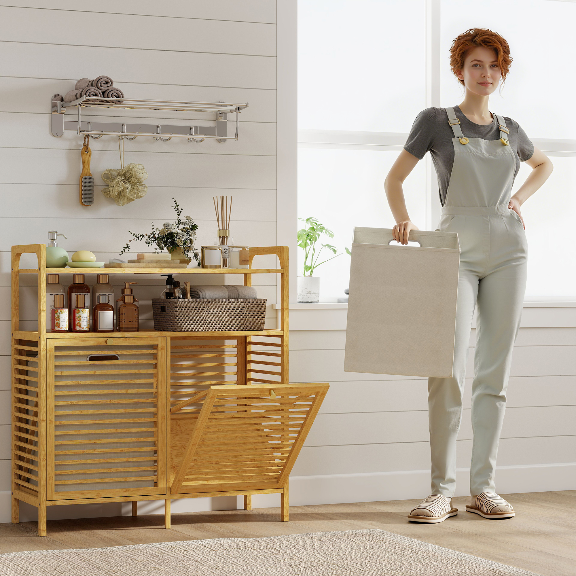 Wäscheregal mit 2 Wäschekörben, freistehendes Bambusregal für Badezimmer, Waschküche, Naturholz+Cremeweiß