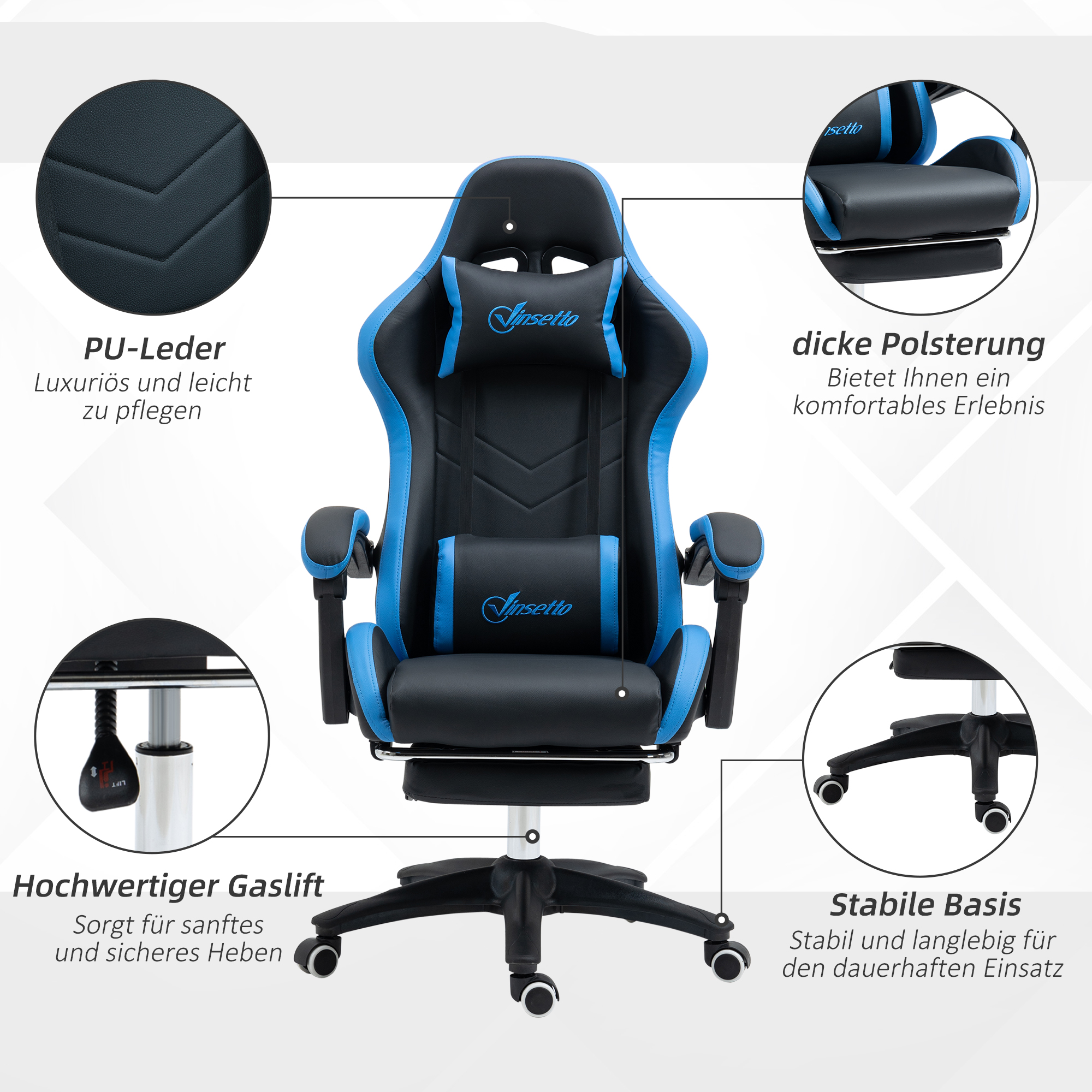 Bürostuhl, Gamingstuhl, 1 Kopfstütze, 1 Lendenstütze, Blau + Schwarz