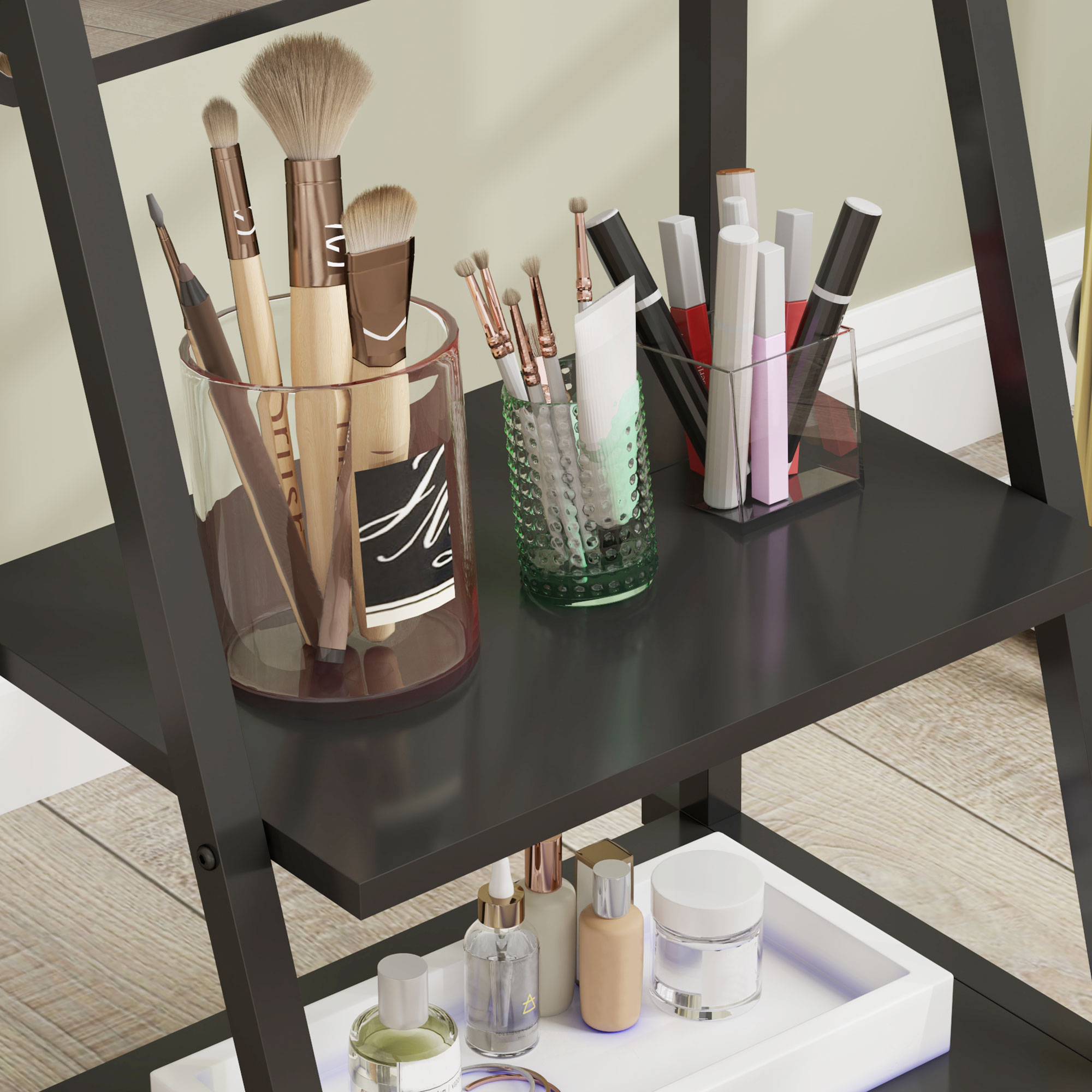 Rollbarer Ganzkörperspiegel mit 2 Regalen und 4 Rädern, für Schlafzimmer, Wohnzimmer, Flur, Schwarz