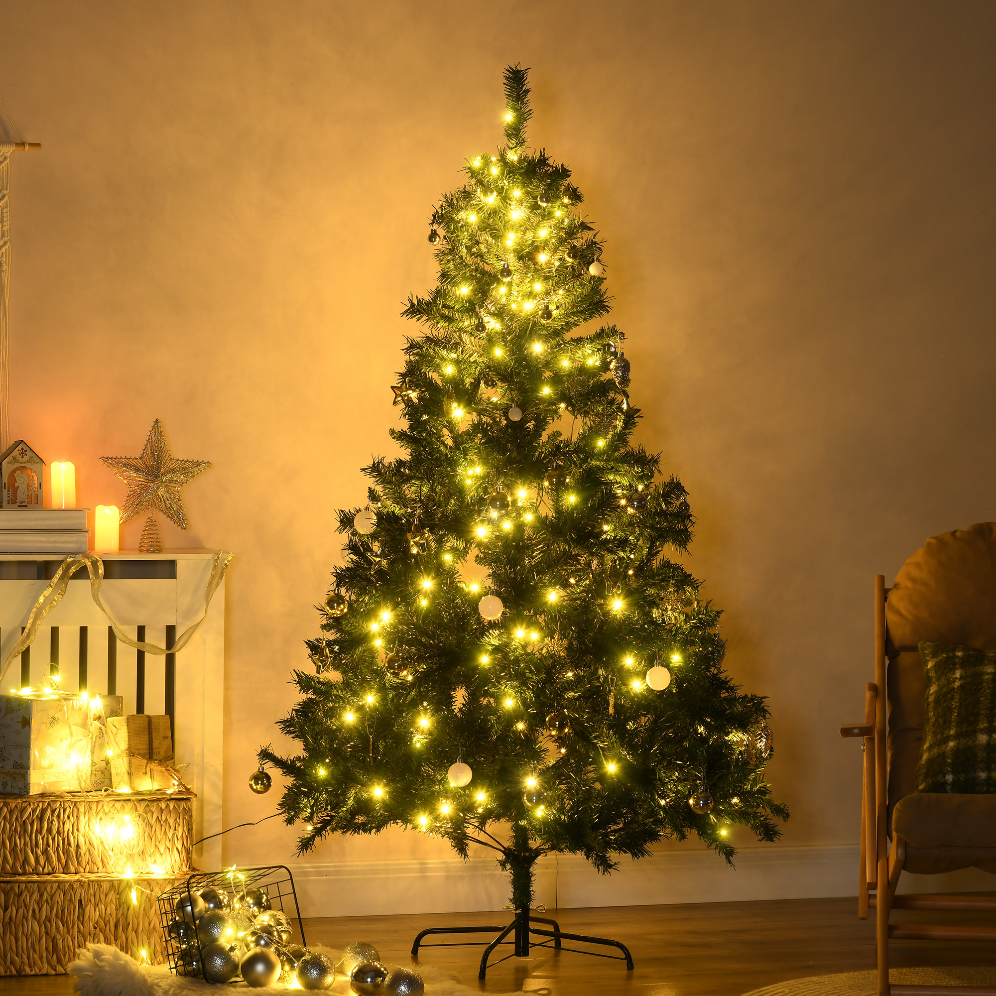 Weihnachtsbaum 180 cm künstlich Tannenbaum mit LED Beleuchtung, Kugeln, Christbaum mit 745 Spitzen, Weihnachtsdeko inkl, Metallständer für Drinnen