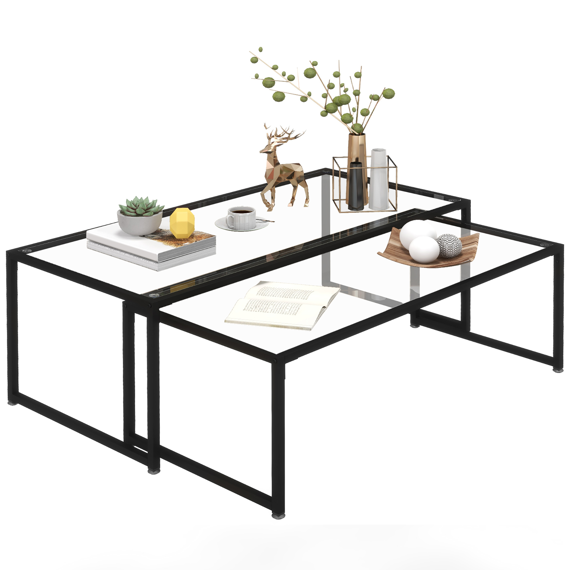 2er-Set Couchtische, Glastische, mit pulverbeschichtetem Stahl, Schwarz + Transparent 2er-Set Couchtische, Glastische, mit pulverbeschichtetem Stahl, Schwarz + Transparent