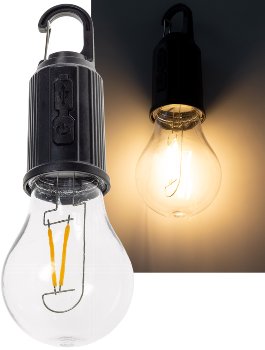 LED Glühlampe mit Akku "CT-KL3", dimmbar, mit Haken / Karabiner, 3000k / Warmweiß LED Glühlampe mit Akku "CT-KL3", dimmbar, mit Haken / Karabiner, 3000k / Warmweiß