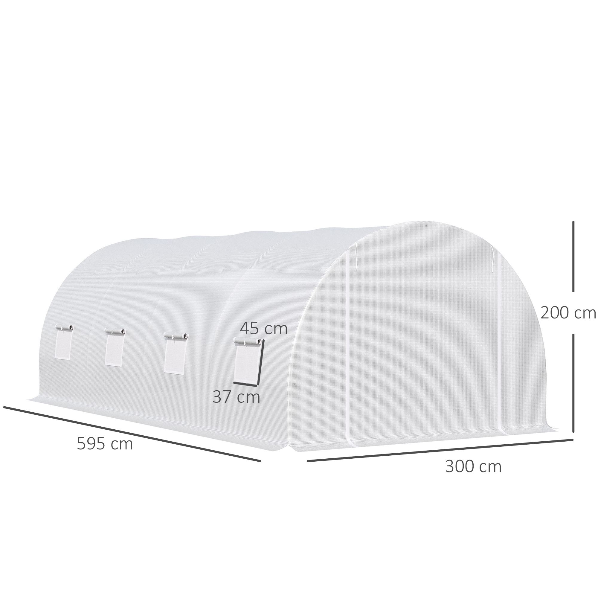 Gewächshaus 595x300x200cm Foliengewächshaus Tomatenhaus mit Tür, Fenster, Folientunnel aus verzinktem Stahl, Pflanztunnel, Treibhaus inkl, Erdanker Seilen, Gartentunnel, Weiß