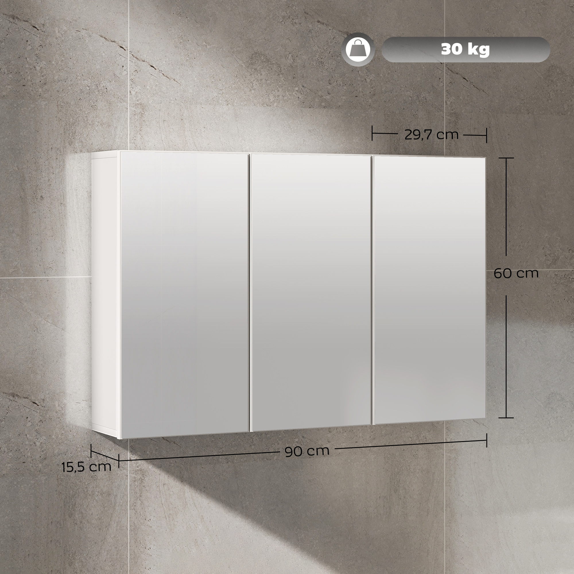 Badezimmerspiegelschrank, Badschrank mit 3 Spiegeltüren, Wandmontage, 90 x 15,5 x 60 cm, Spanplatte, Weiß