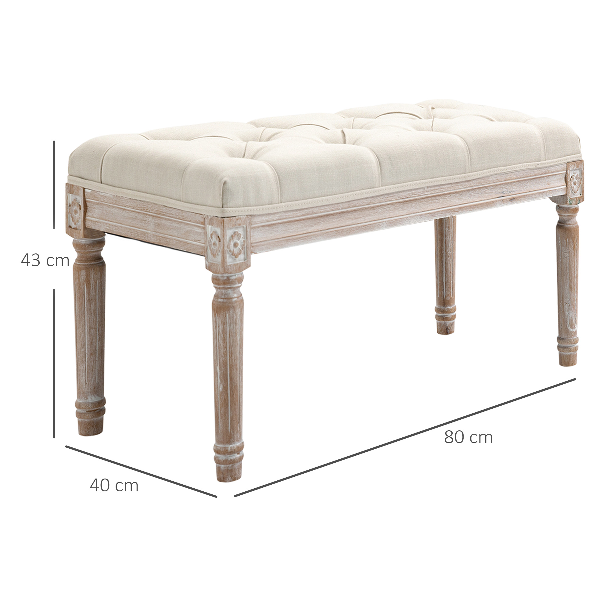 Gepolsterter Sitzhocker, Polsterbank, Fußhocker, Holz und Stoffbezug in Leinenoptik, 80L x 40B x 43H cm, Cremeweiß
