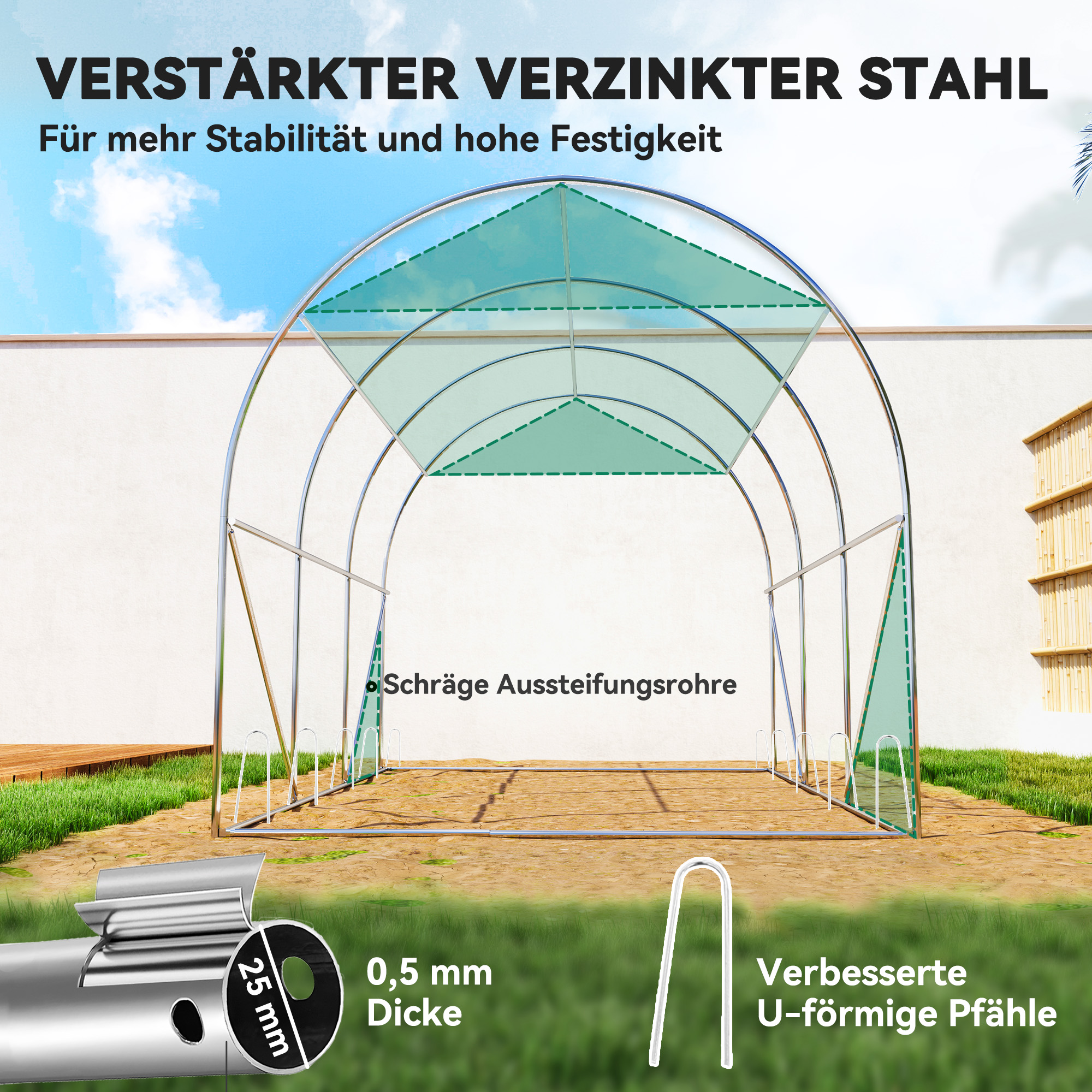 3 x 2 x 2 m Polytunnel-Gewächshaus mit Sonnenschutznetz, rollbaren Seitenwänden, Kunststoff-Abdeckung, Stahlrahmen, Grün