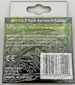 MILOS Serien-Schalter 2-fach, Anthrazit, 250V~/ 10A, inkl. Rahmen, UP