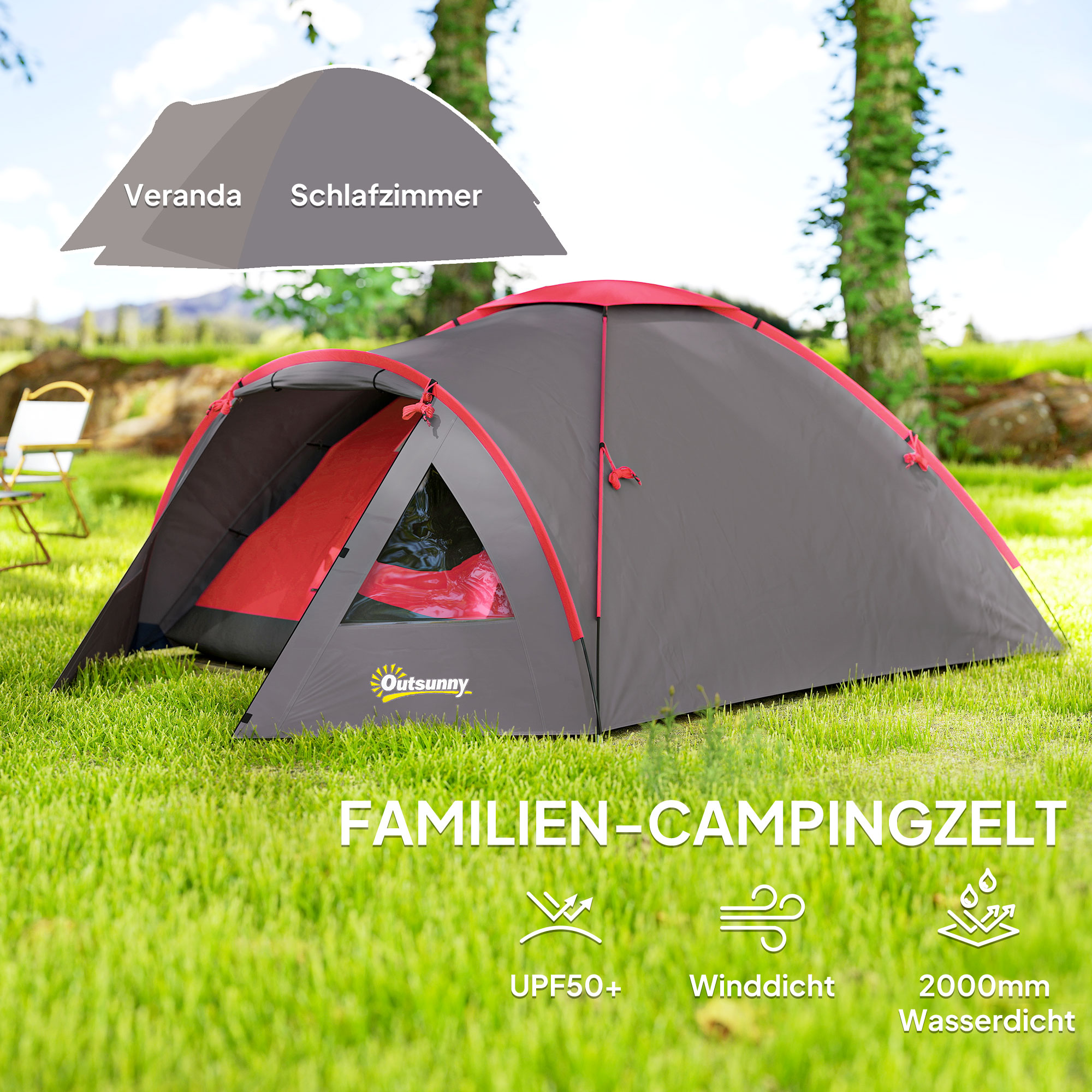 Campingzelt für 3 Personen leicht, stabil wasserdicht UV 50+ mit Vordach Tür Fenster, Bodenplane Grau