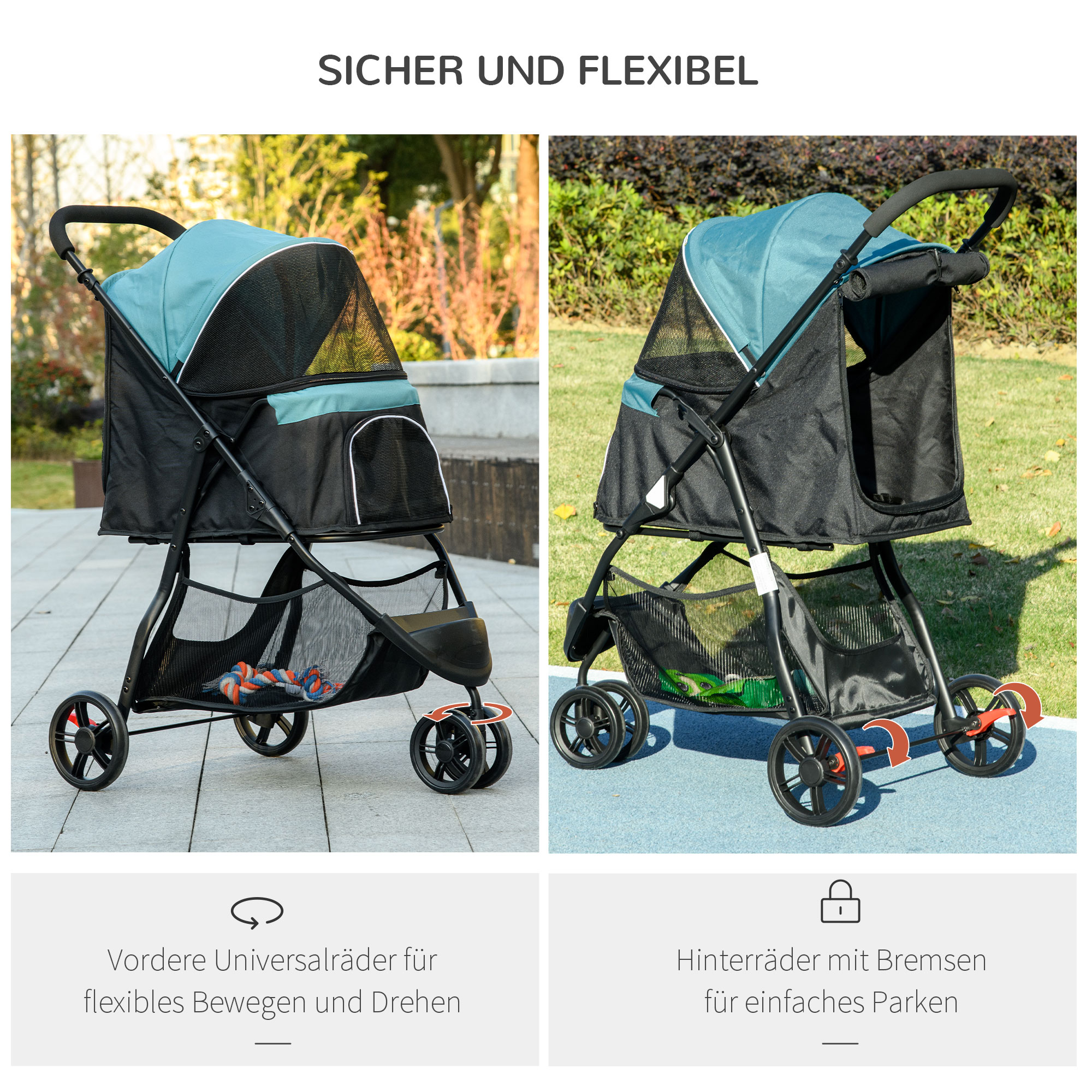 Haustierbuggy Hundebuggy bis 10kg klappbar Sicherheitsleine Handgriff Regenschutz Aufbewahrungskorb Blau + Schwarz