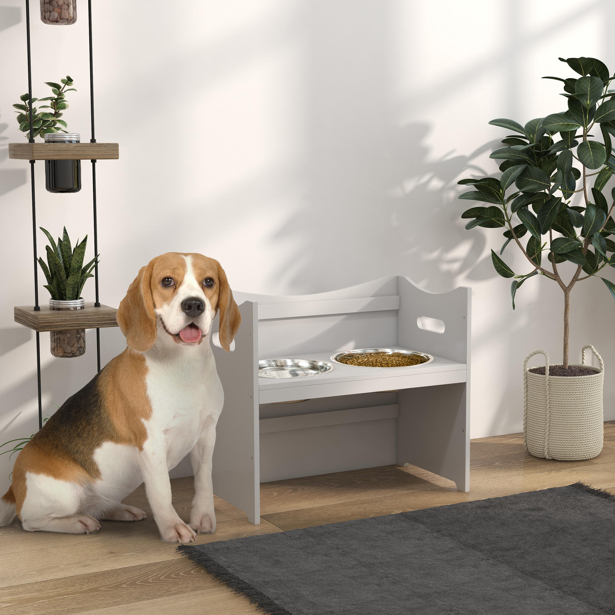 Futterstation für Hunde, 2 Edelstahlnäpfe, höhenverstellbar, 54x31,5x47cm, Weiß