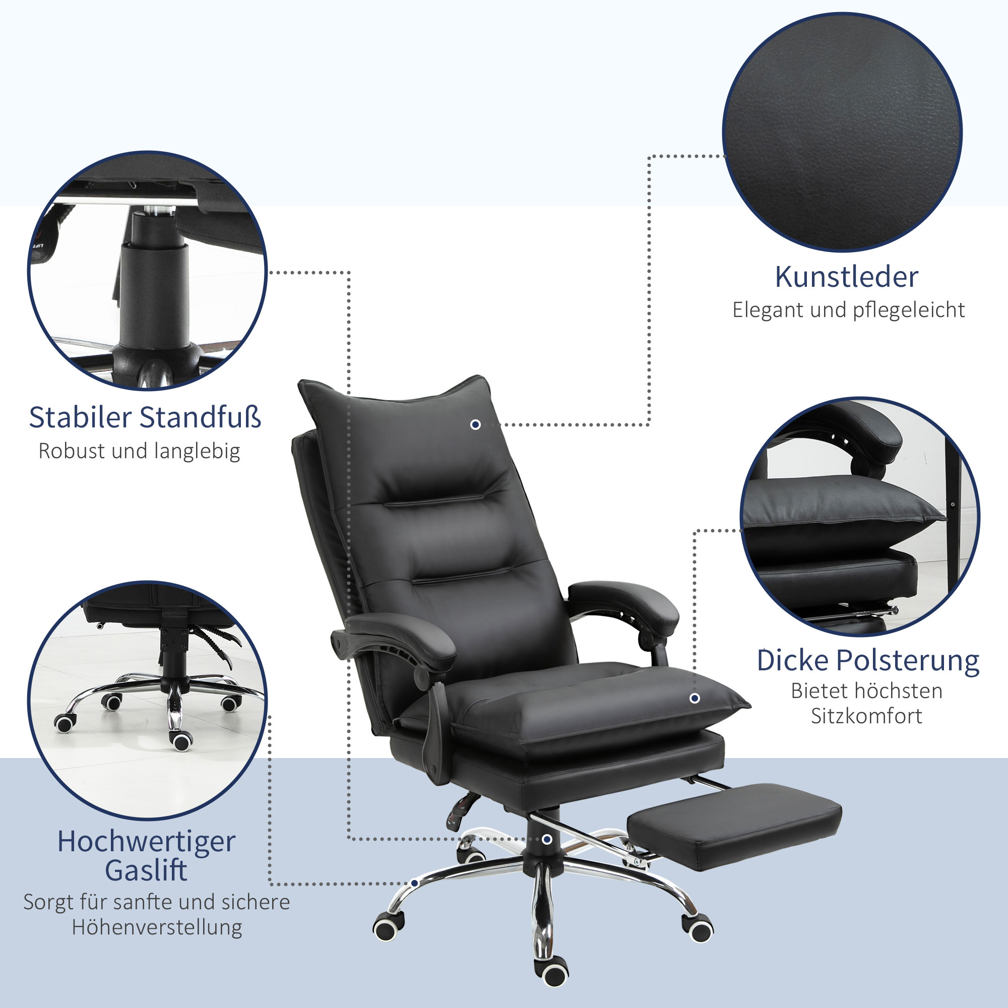Bürostuhl Ergonomischer Schreibtischstuhl mit Armlehne, Fußstütze, Höhenverstellbarer Drehstuhl aus Kunstleder, Gepolstert Computerstuhl, Schwarz