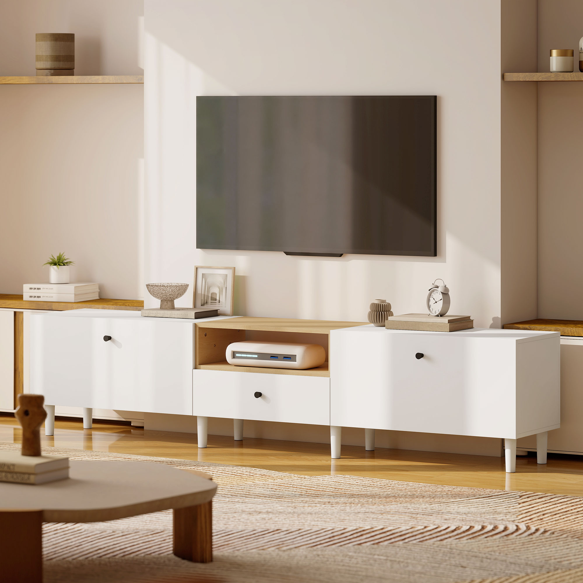 200 cm TV-Kommode für Fernseher bis zu 90 Zoll, 2 Klappenfächer, offenes Fach, Schublade, 8 Beine, Spanplatte, Weiß