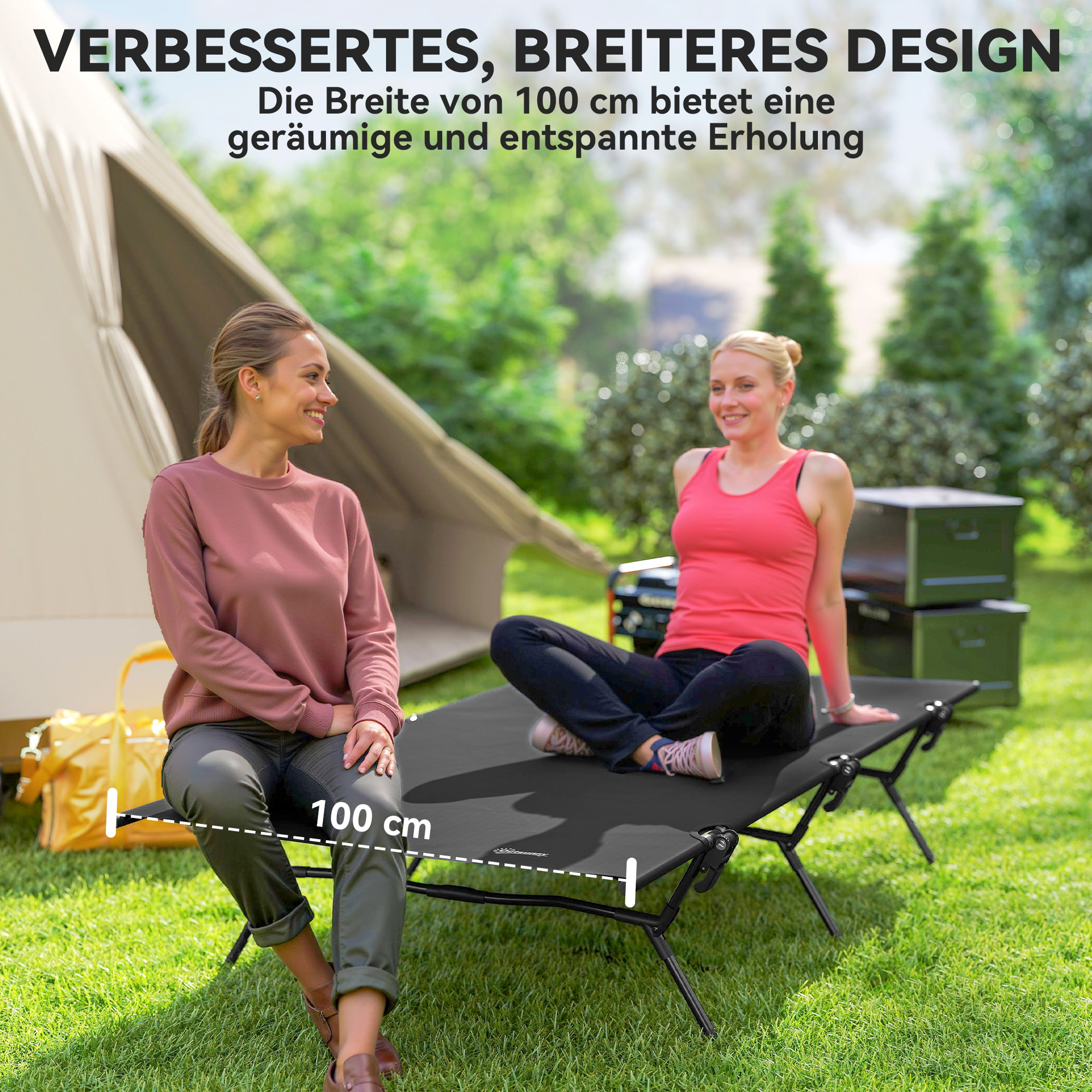 Feldbett faltbar Campingbett mit Tragetasche 200 x 100 x 36 cm bis 120 kg Extra Breit Schwarz