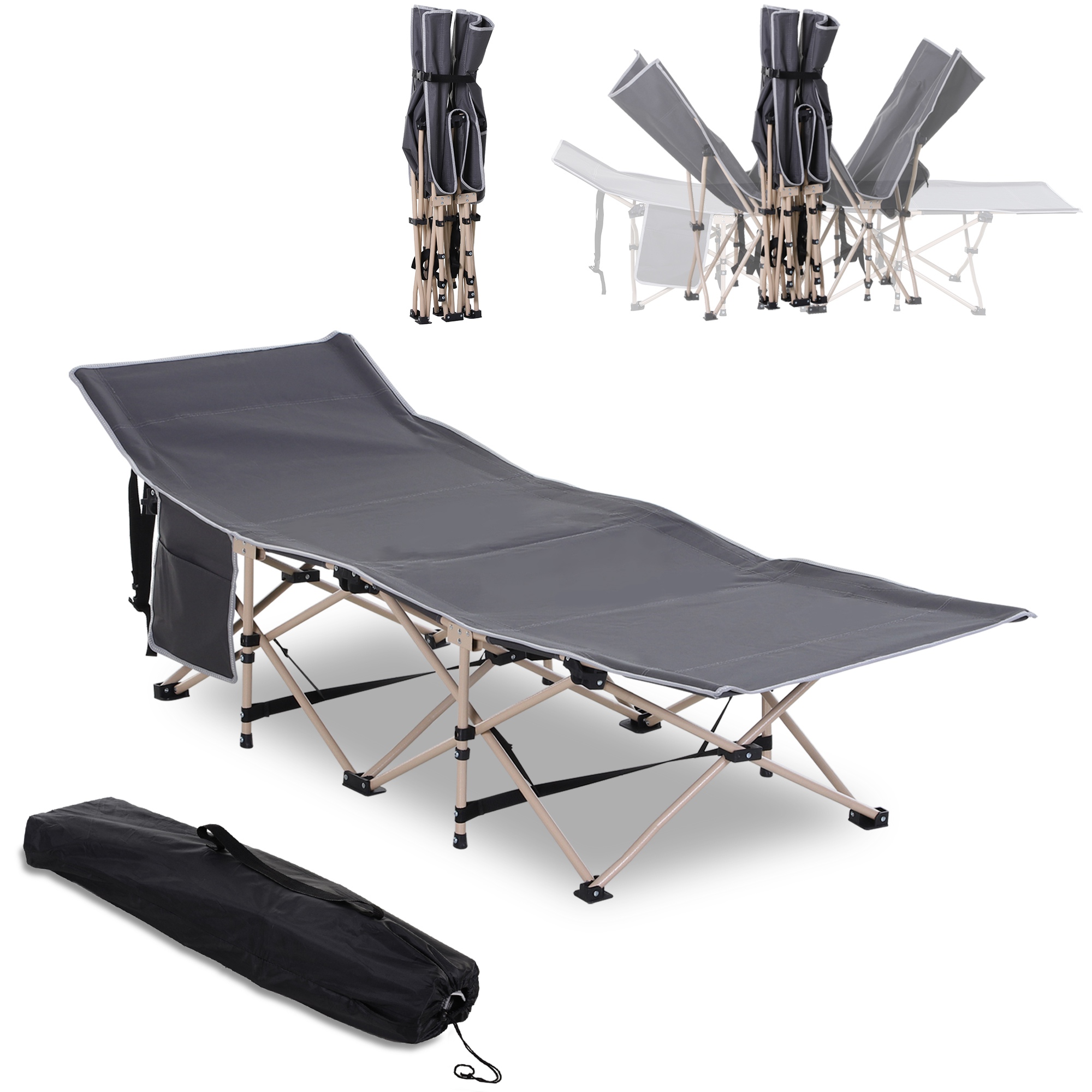 Feldbett, Campingbett, klappbar, wetterbeständig, ink, Tragetasche, 190 x 68 x 52 cm, Grau