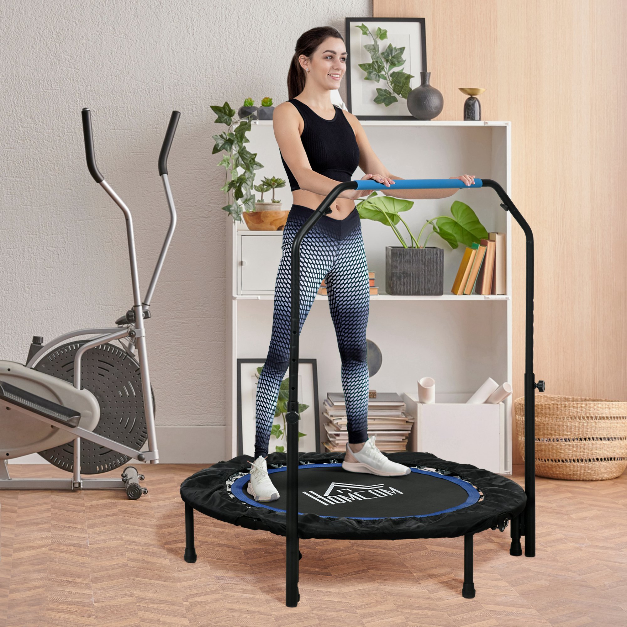 Fitnesstrampolin, klappbar, verstellbarer Haltegriff, Ø102x123H cm, bis 100 kg, Schwarz/Blau