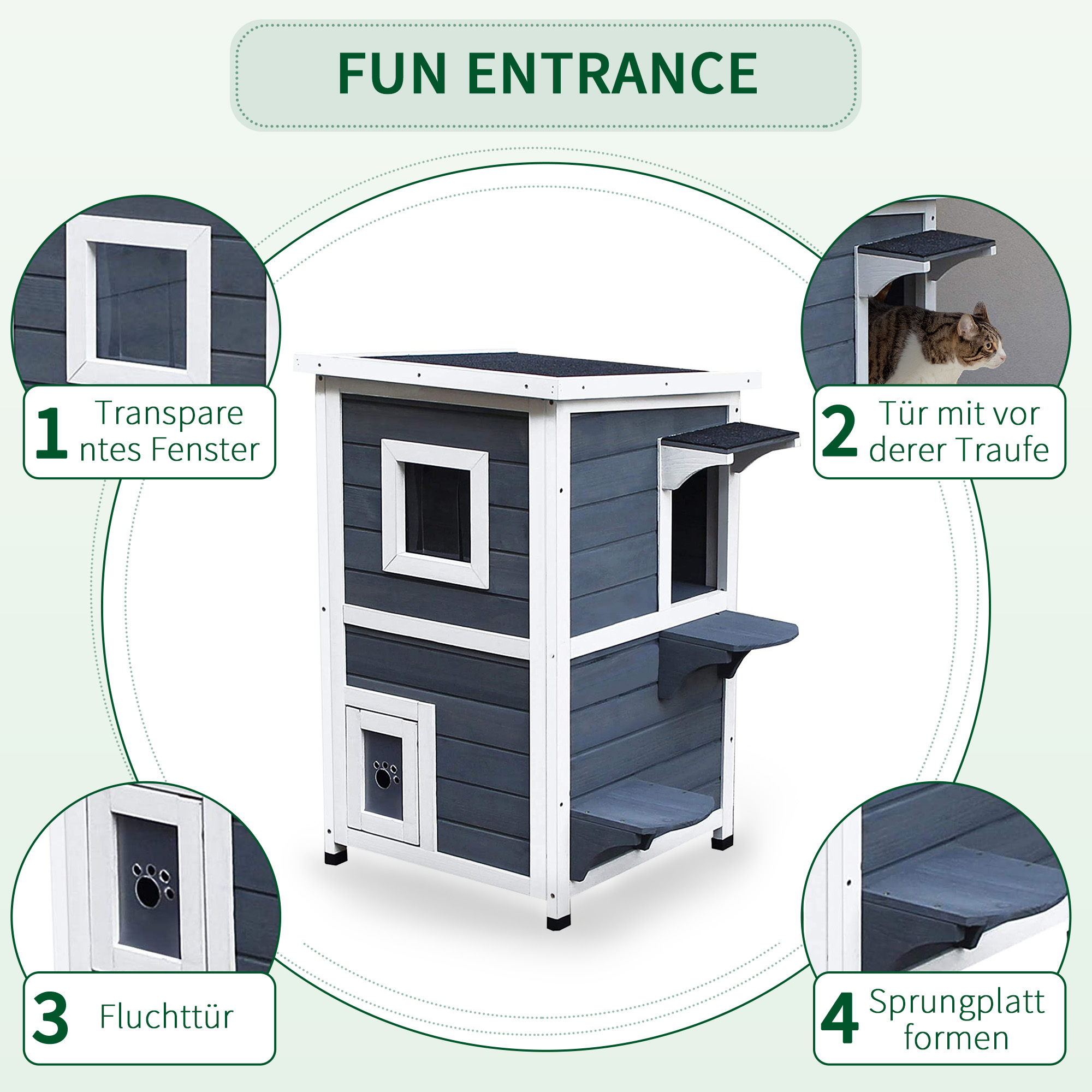 Katzenhaus aus Holz 2 Etagen Winterfest wasserdicht Katzenhütte mit Asphaltdach Treppen Fenster Katzenhöhle Outdoor Schutzhütte für Draußen Garten Balkon 51 x 51 x 81,3 cm Grau