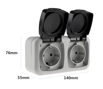 Feuchtraum Doppel-Steckdose, IP44, 250V~/ 16A, inkl. AP-Rahmen, grau