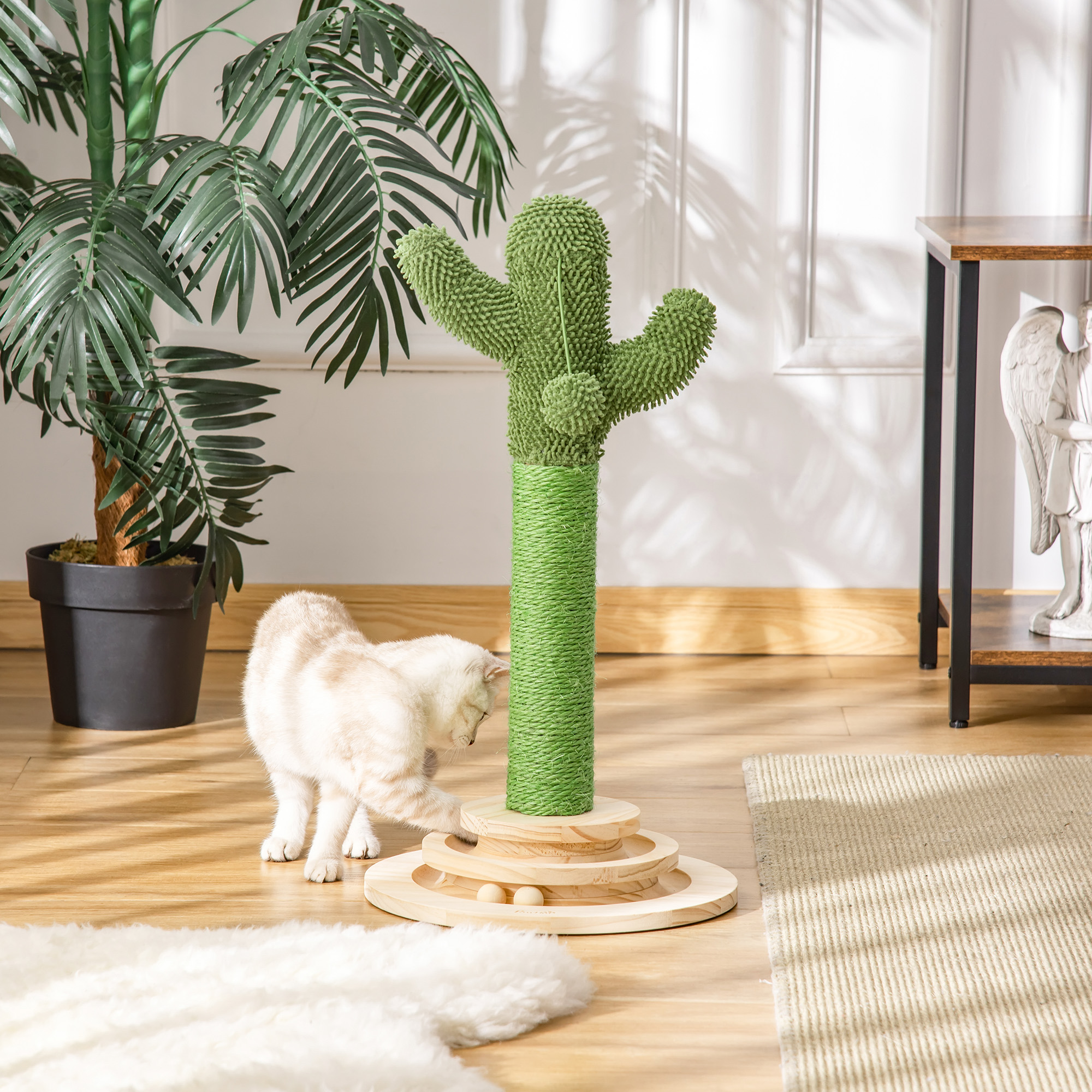 Katzen Kratzbaum Kaktus Katzenbaum Kiefernholz Sisal Seil Kratzstamm mit Holzkugel-Katzenspielzeug für Katzen 60 cm Hoch Grün+Natur