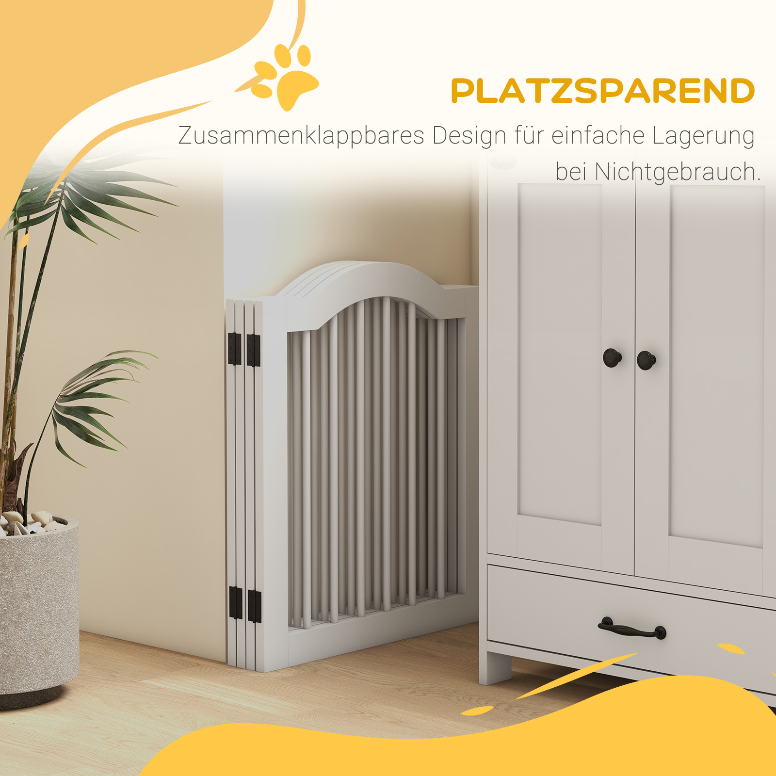 Faltbares Hunde-Absperrgitter, 4 Paneele, für Treppen, Flure, Türen, MDF/Massivholz, Weiß