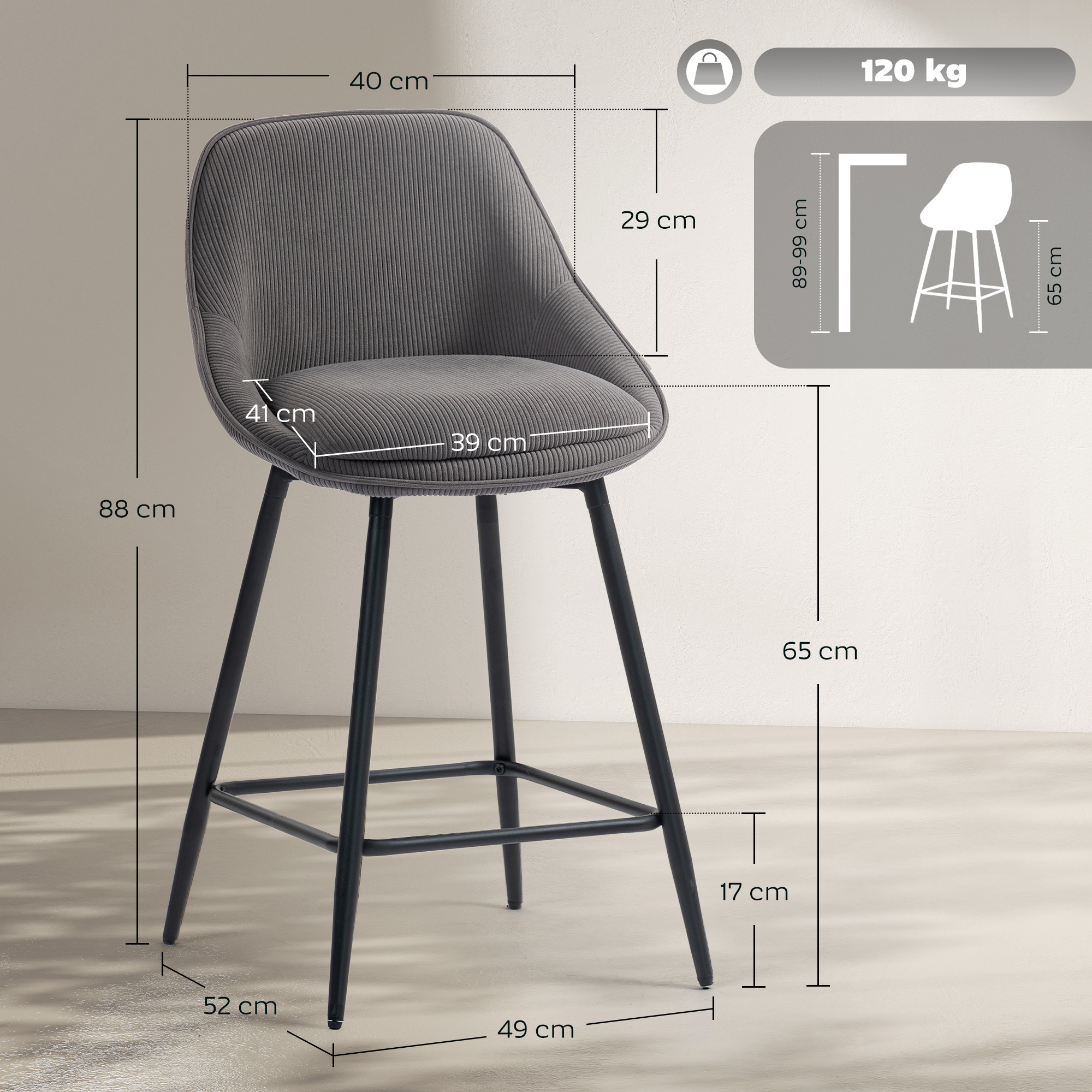 2er-Set Barstühle mit Cordbezug und Stahlbeinen, Polsterstühle für Kücheninsel, Esszimmer, Grau