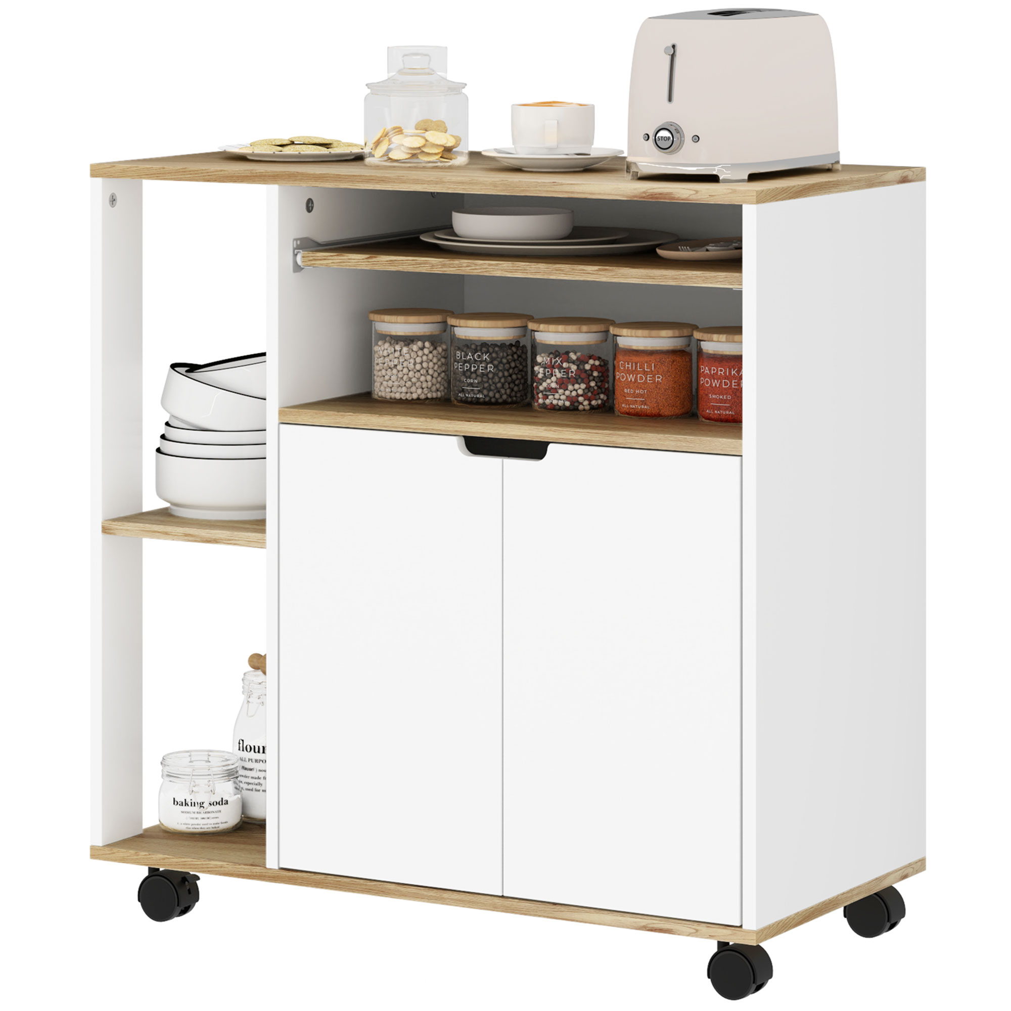 Rollender Küchenwagen mit Stauraum, Schrank, verstellbare Regale, für Küche, Wohnzimmer, Esszimmer, Weiß Rollender Küchenwagen mit Stauraum, Schrank, verstellbare Regale, für Küche, Wohnzimmer, Esszimmer, Weiß